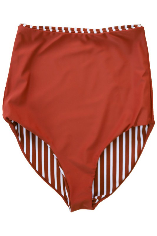 Striped/Solid Reversible High Waist Swim Bottom - AnnRose Boutique
