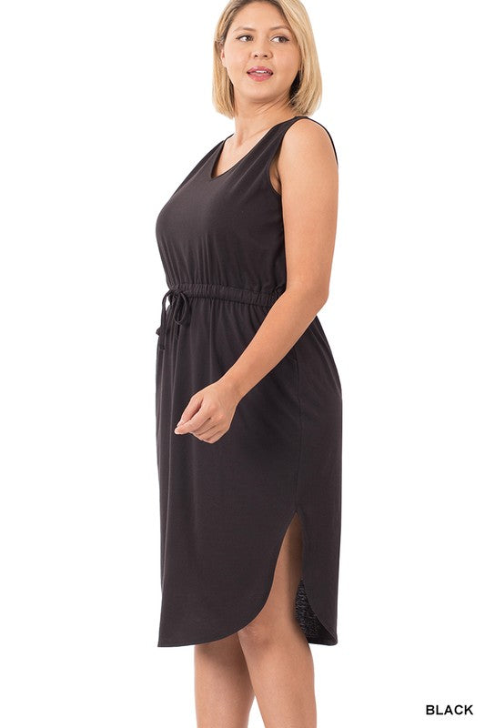 Plus Drawstring Waist Curved Hem Dress