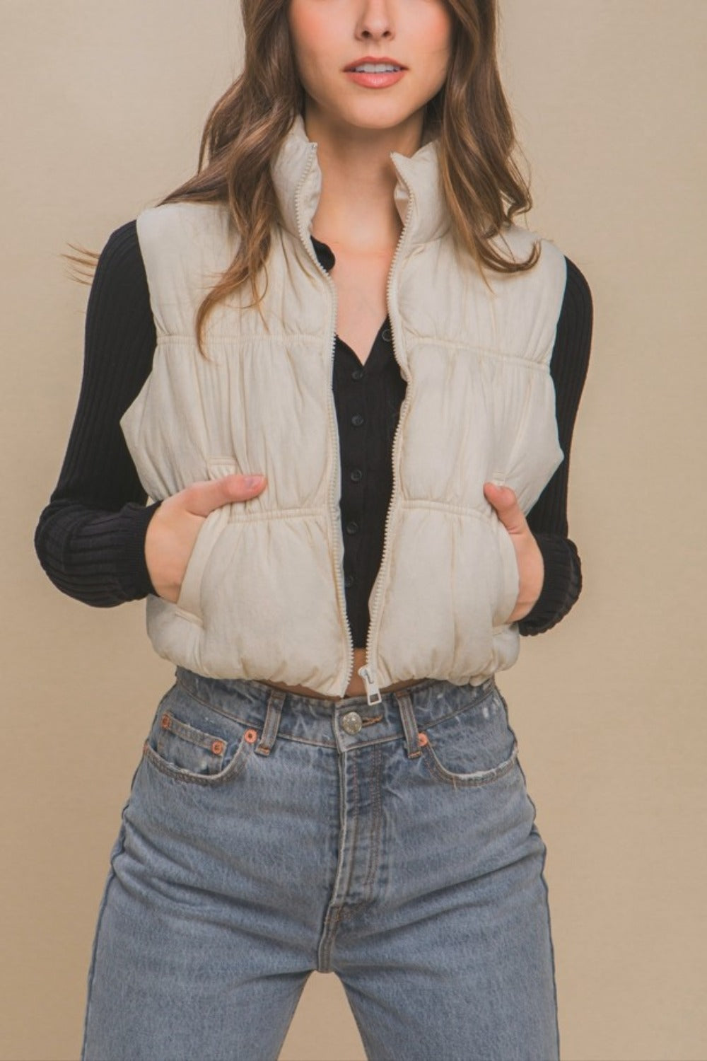 Zip Up Turtleneck Cropped Vest Coat