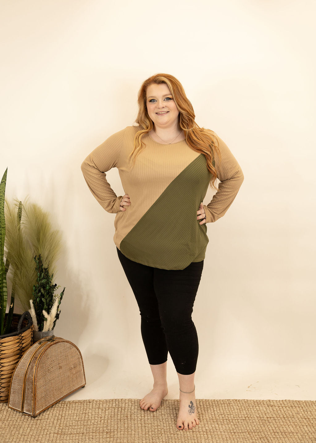Olive Neutral Combo Long Sleeve Top - AnnRose Boutique