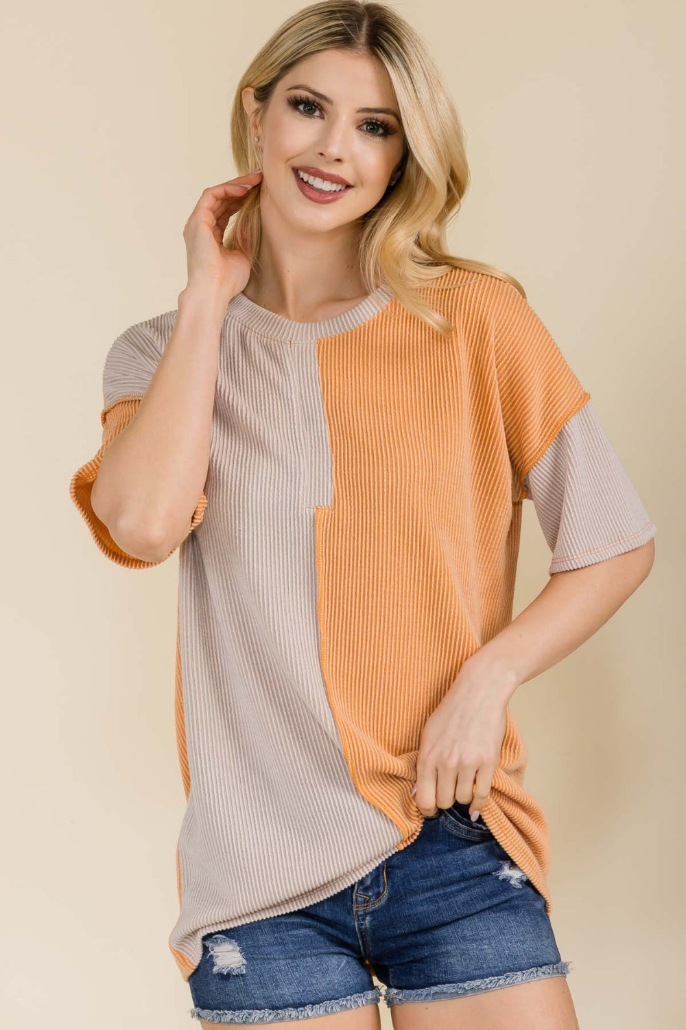 Ribbed Color Block Short Sleeve T-Shirt