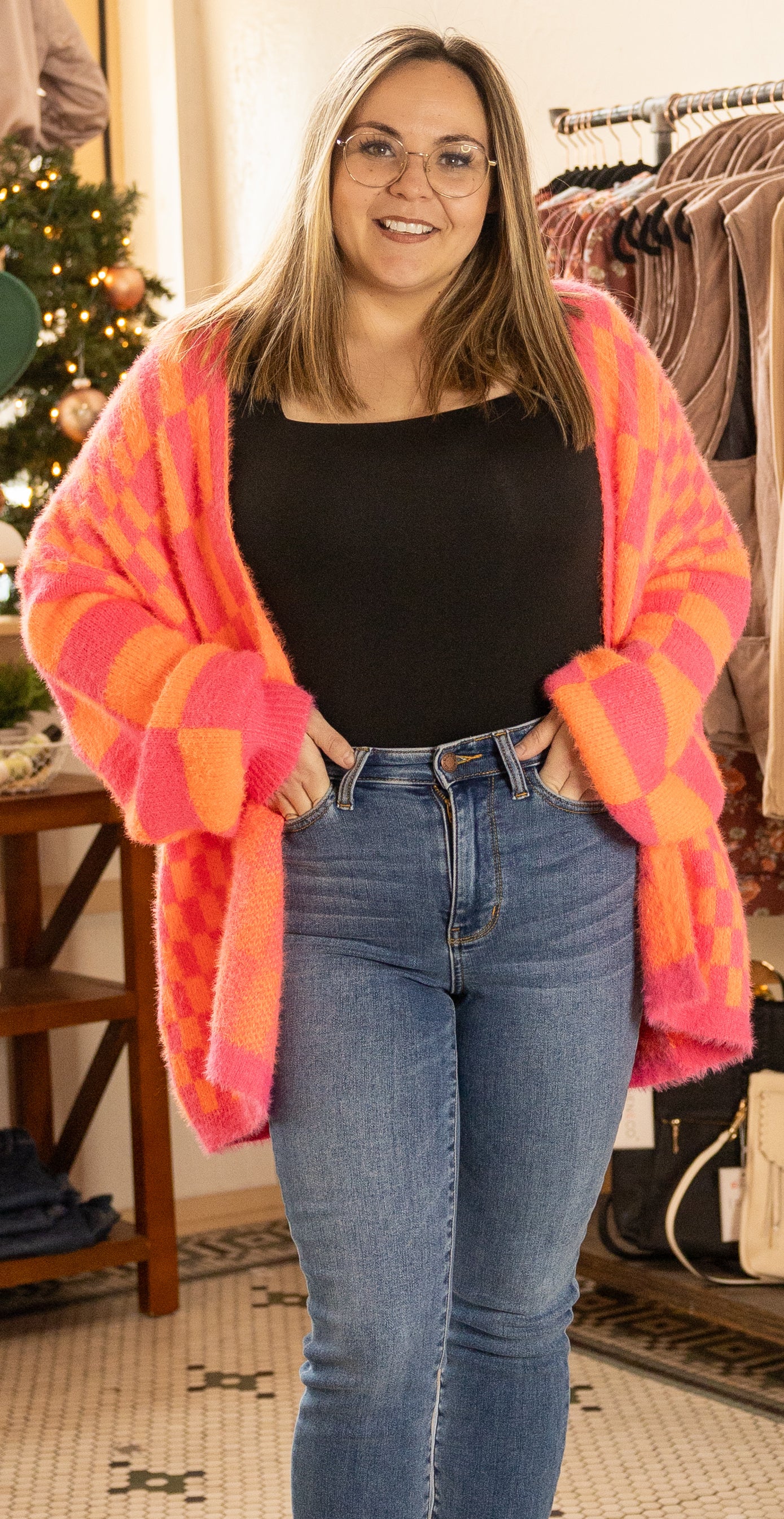 Noticed in Neon Checkered Cardigan in Pink and Orange