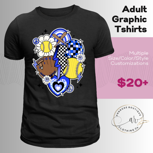 Blue Softball Retro Graphic T-Shirt