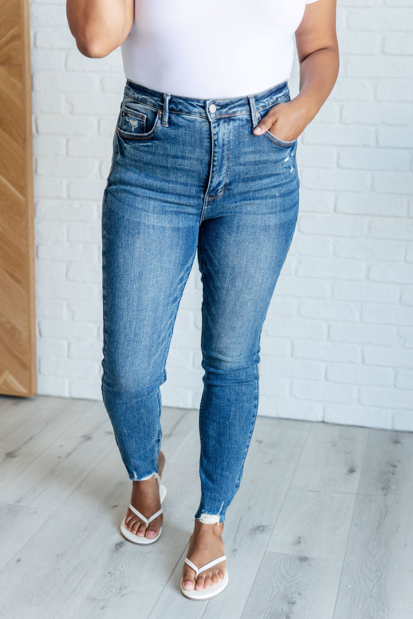 Judy Blue High Rise Control Top Distressed Hem Skinny Jeans