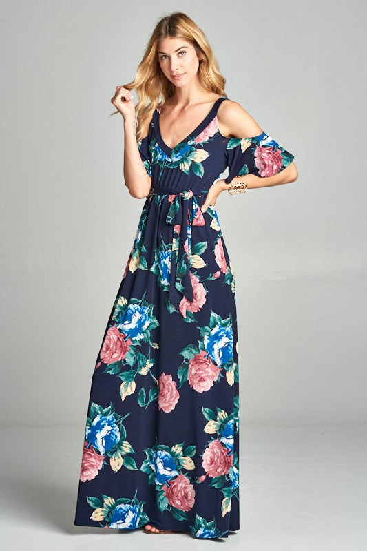 Misses Open Shoulder Flutter Sleeve Maxi