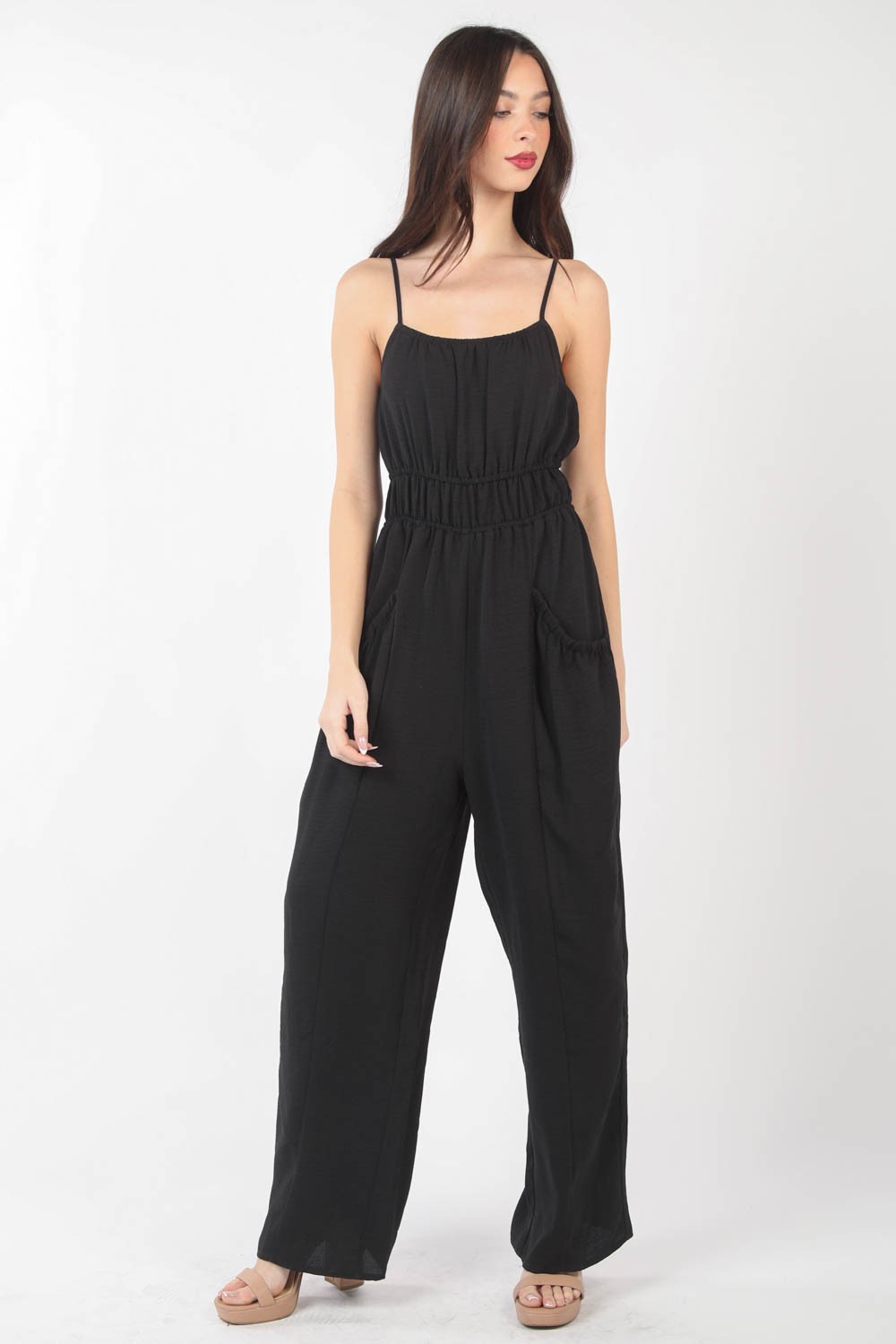 Pintuck Detail Woven Sleeveless Jumpsuit