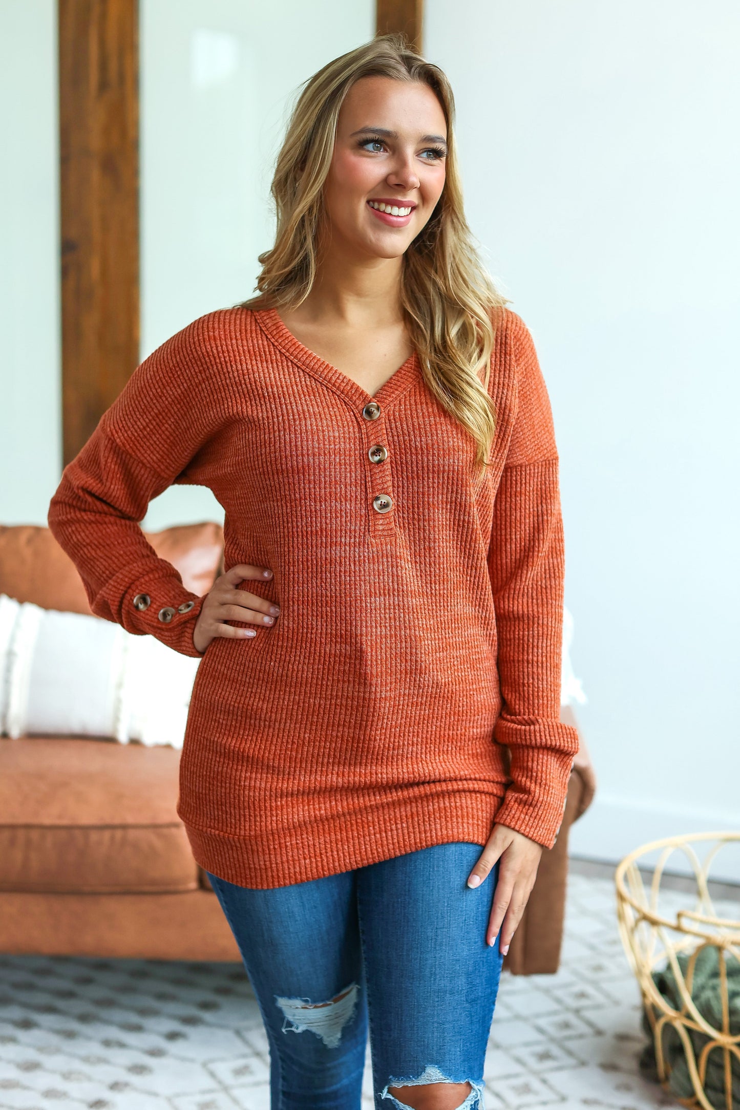 IN STOCK Brittney Button Sweater - Pumpkin - AnnRose Boutique