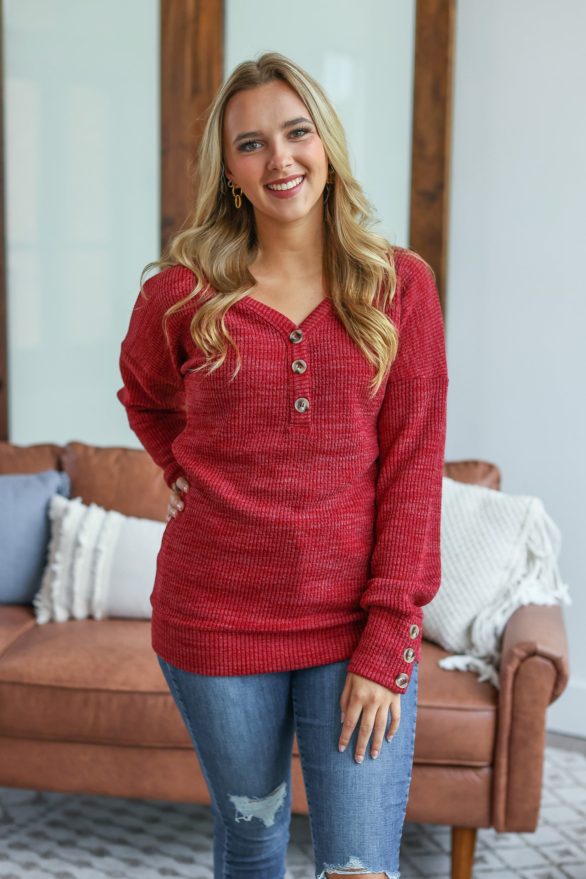 Button Sweater - Berry - AnnRose Boutique