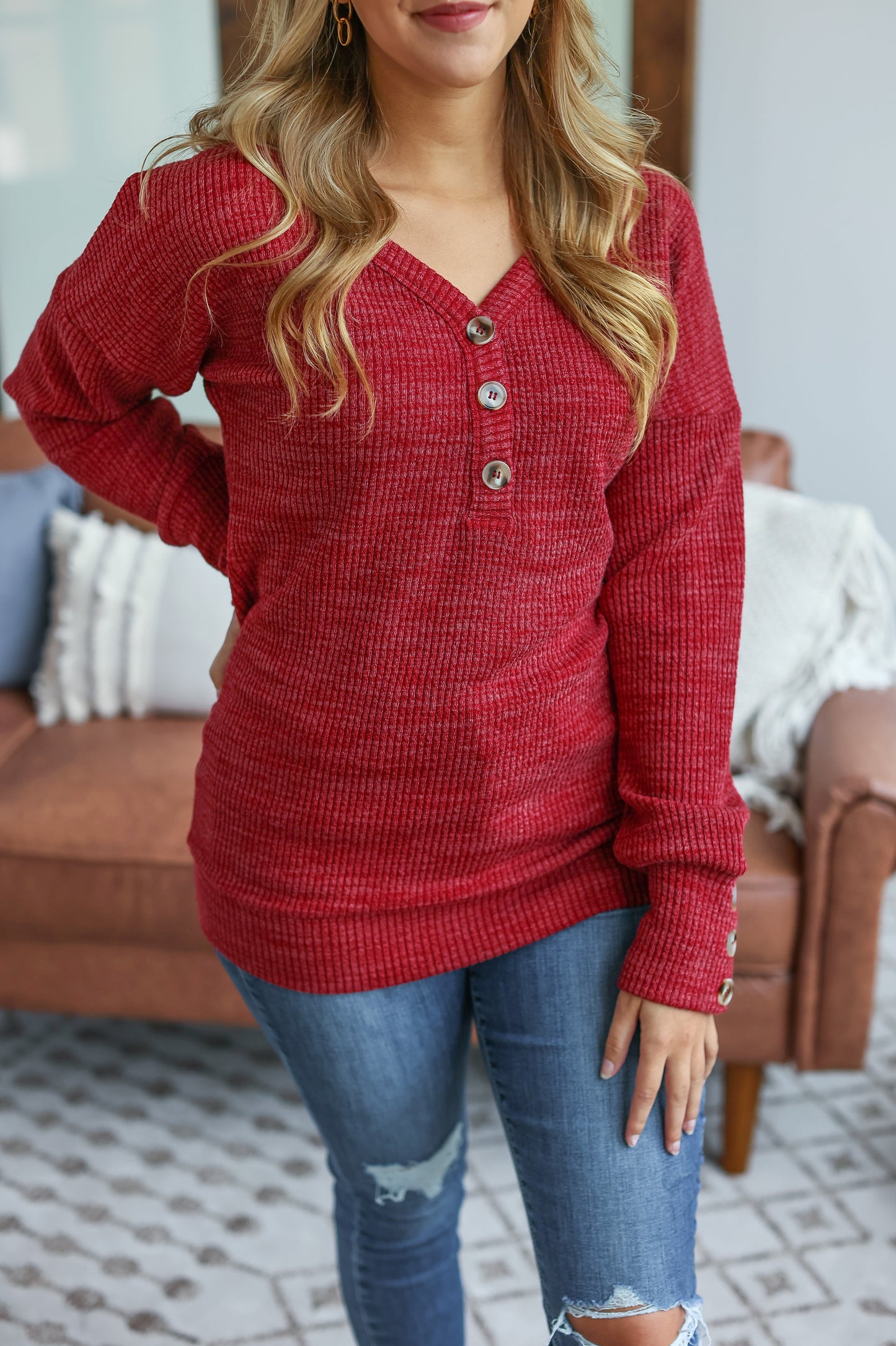 Button Sweater - Berry - AnnRose Boutique