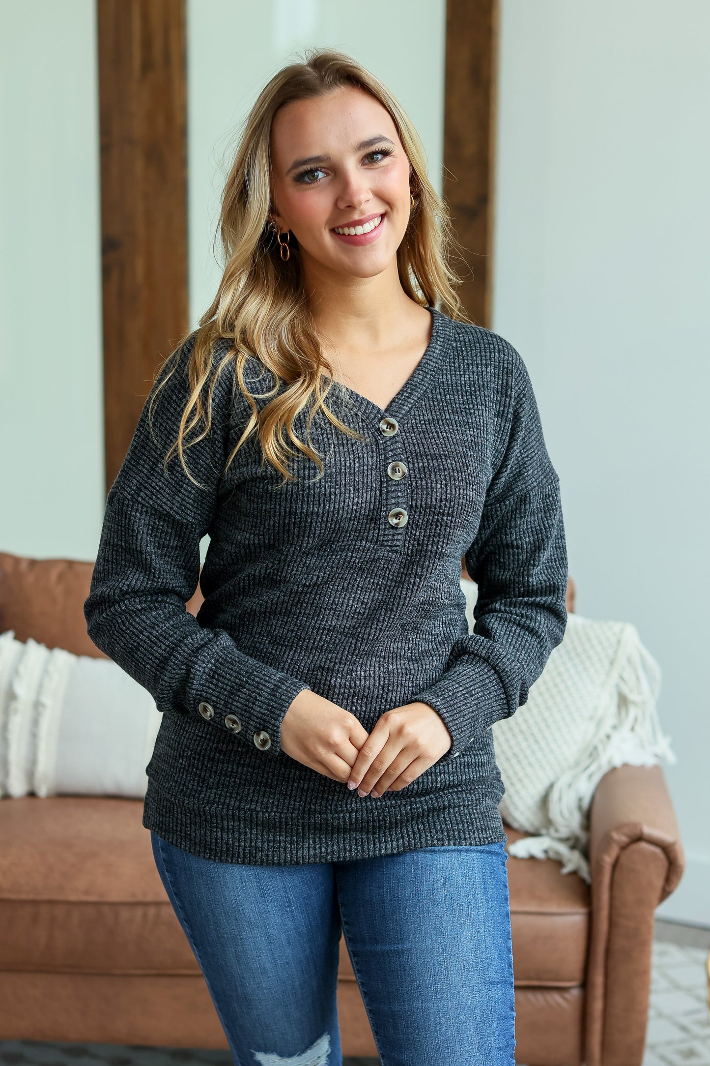 IN STOCK Brittney Button Sweater - Charcoal - AnnRose Boutique