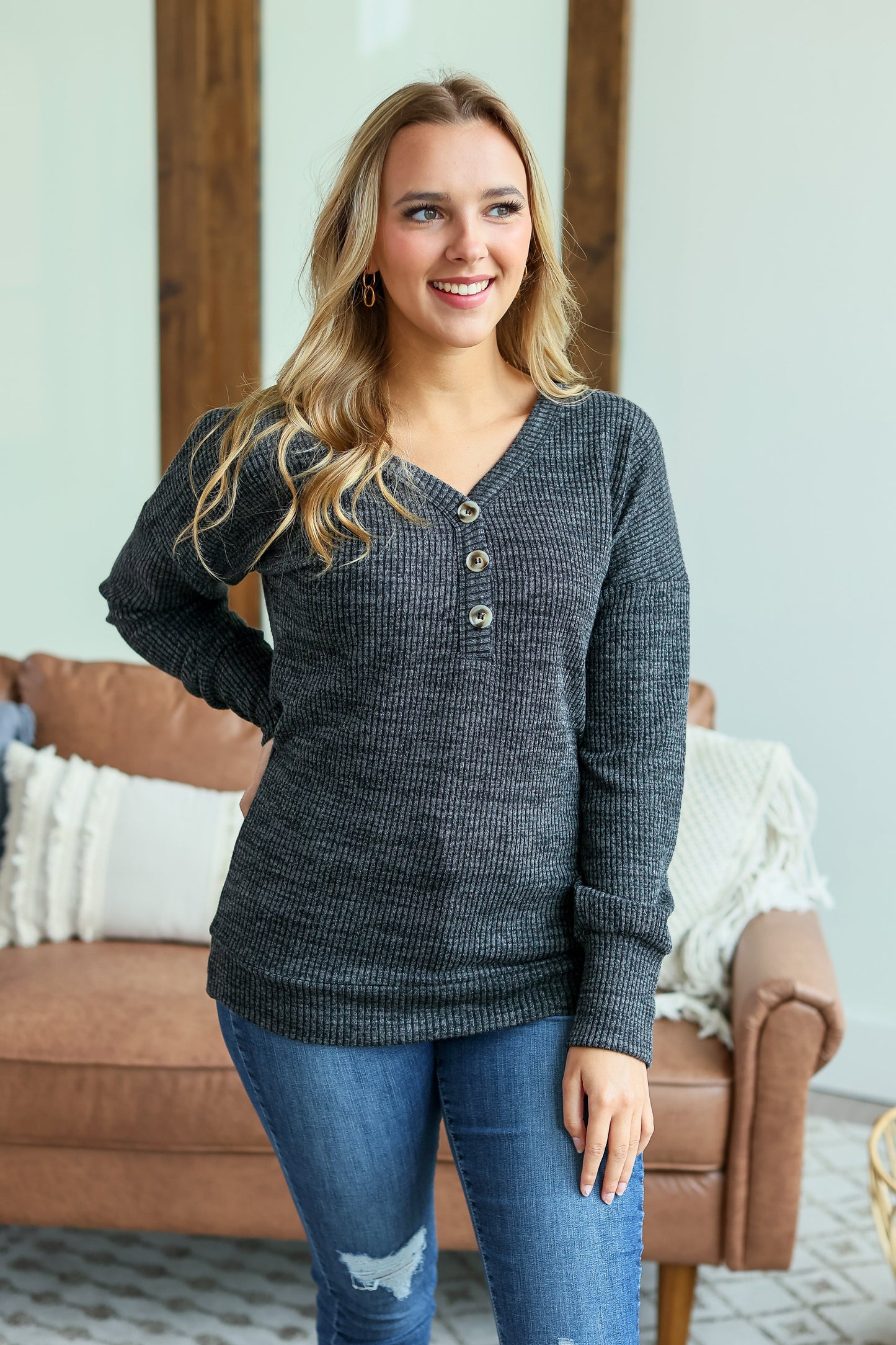 IN STOCK Brittney Button Sweater - Charcoal - AnnRose Boutique