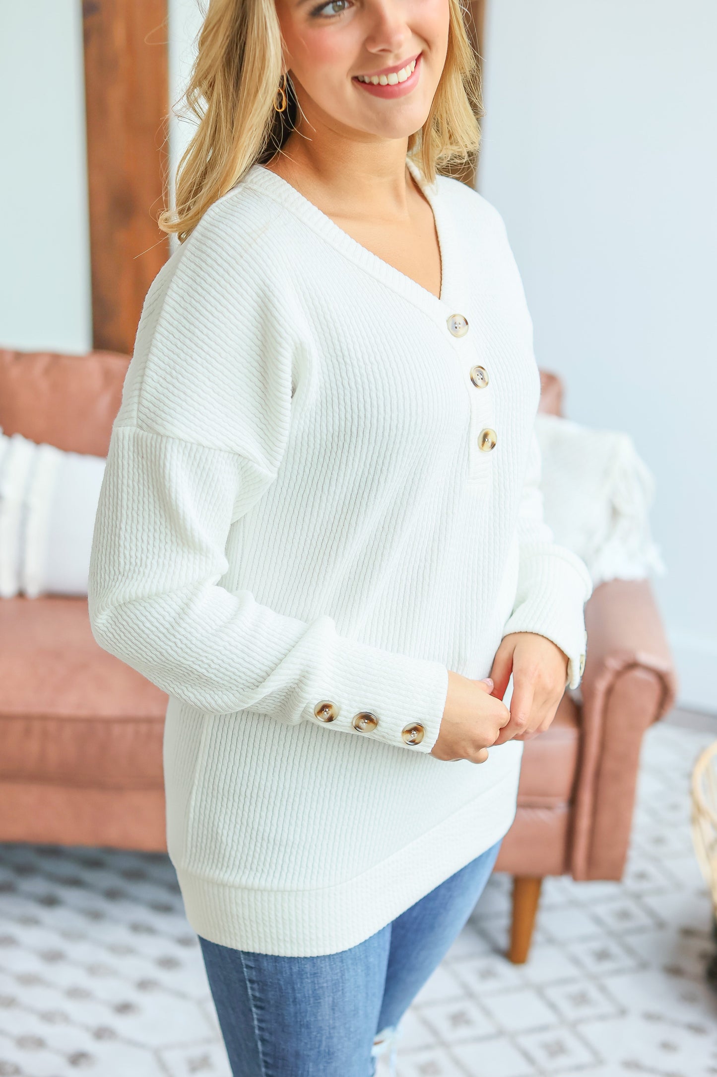 IN STOCK Brittney Button Sweater - White - AnnRose Boutique