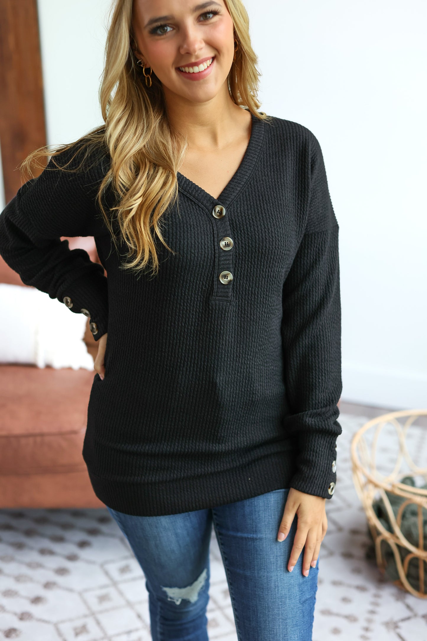 IN STOCK Brittney Button Sweater - Black - AnnRose Boutique