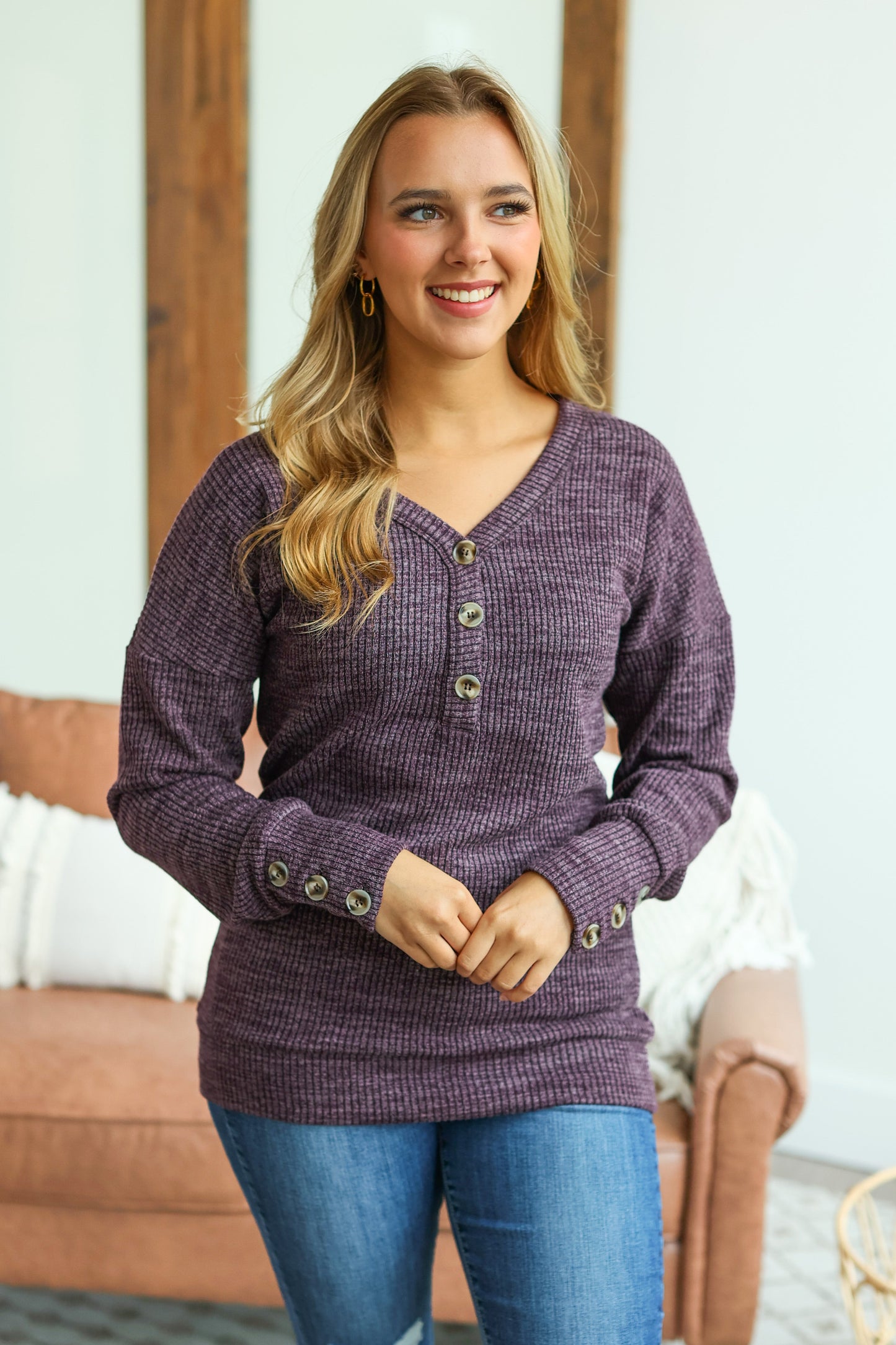 IN STOCK Brittney Button Sweater - Purple - AnnRose Boutique