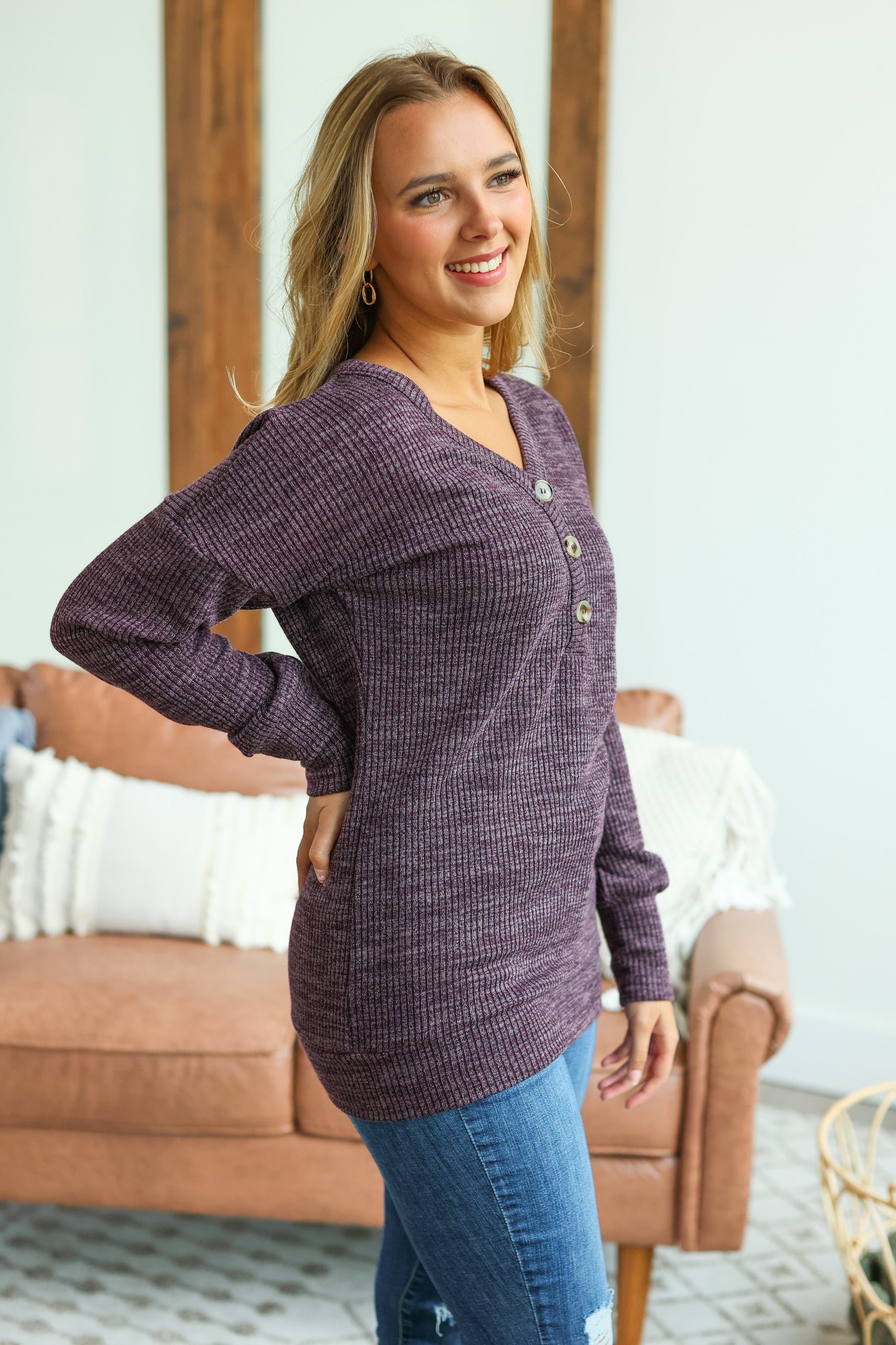 IN STOCK Brittney Button Sweater - Purple - AnnRose Boutique