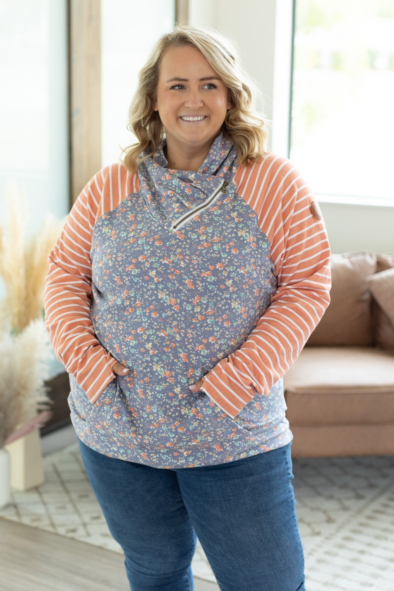 IN STOCK Classic Zoey ZipCowl Sweatshirt - Periwinkle Pattern Mix - AnnRose Boutique