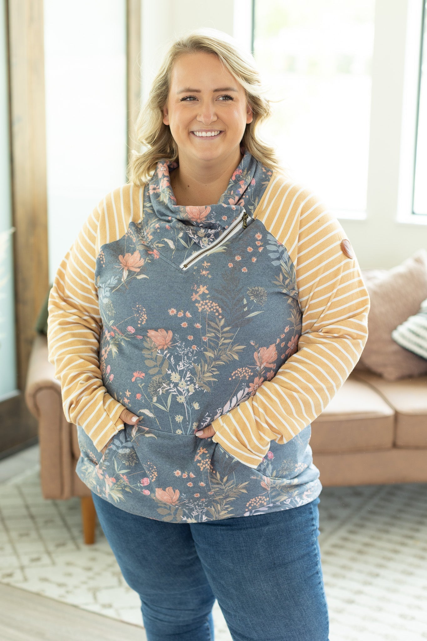 IN STOCK Classic Zoey ZipCowl Sweatshirt - Navy and Mustard Mix - AnnRose Boutique