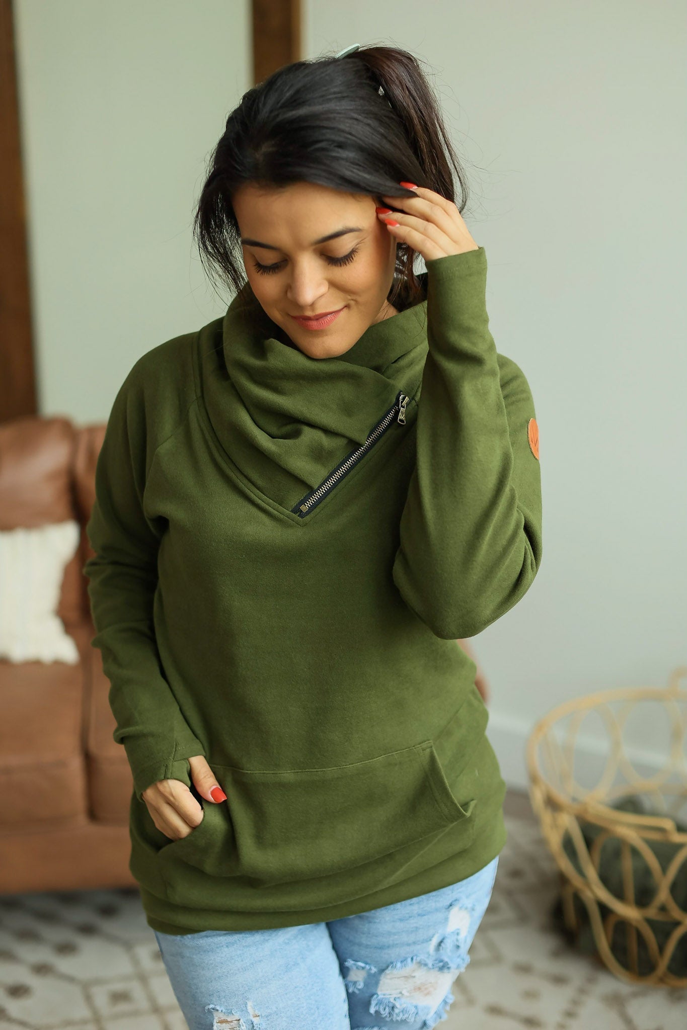 IN STOCK Classic ZipCowl Sweatshirt - Olive - AnnRose Boutique