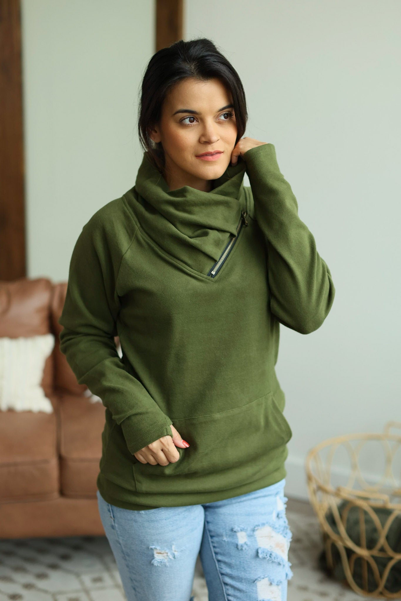 IN STOCK Classic ZipCowl Sweatshirt - Olive - AnnRose Boutique