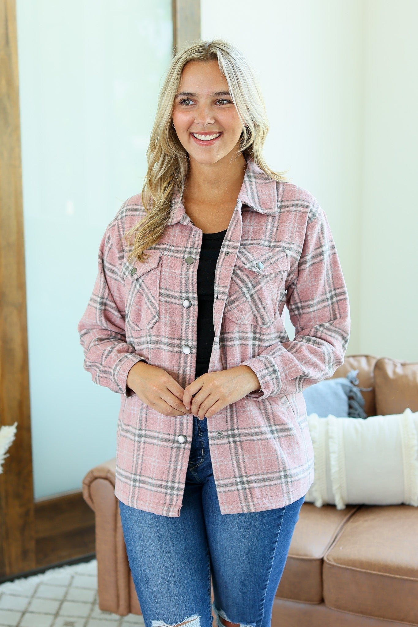 Plaid Shacket - Pink and Grey - AnnRose Boutique