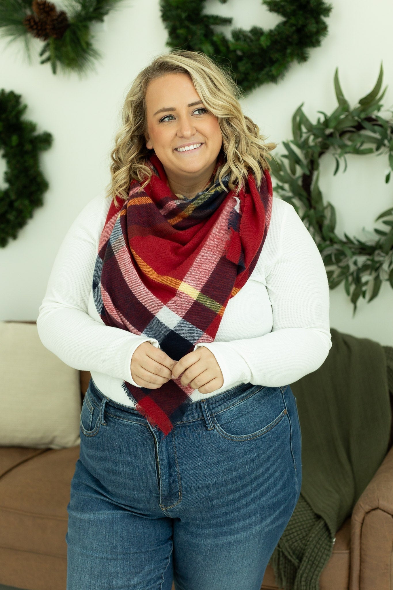 Blanket Scarf - Red and Gold Plaid