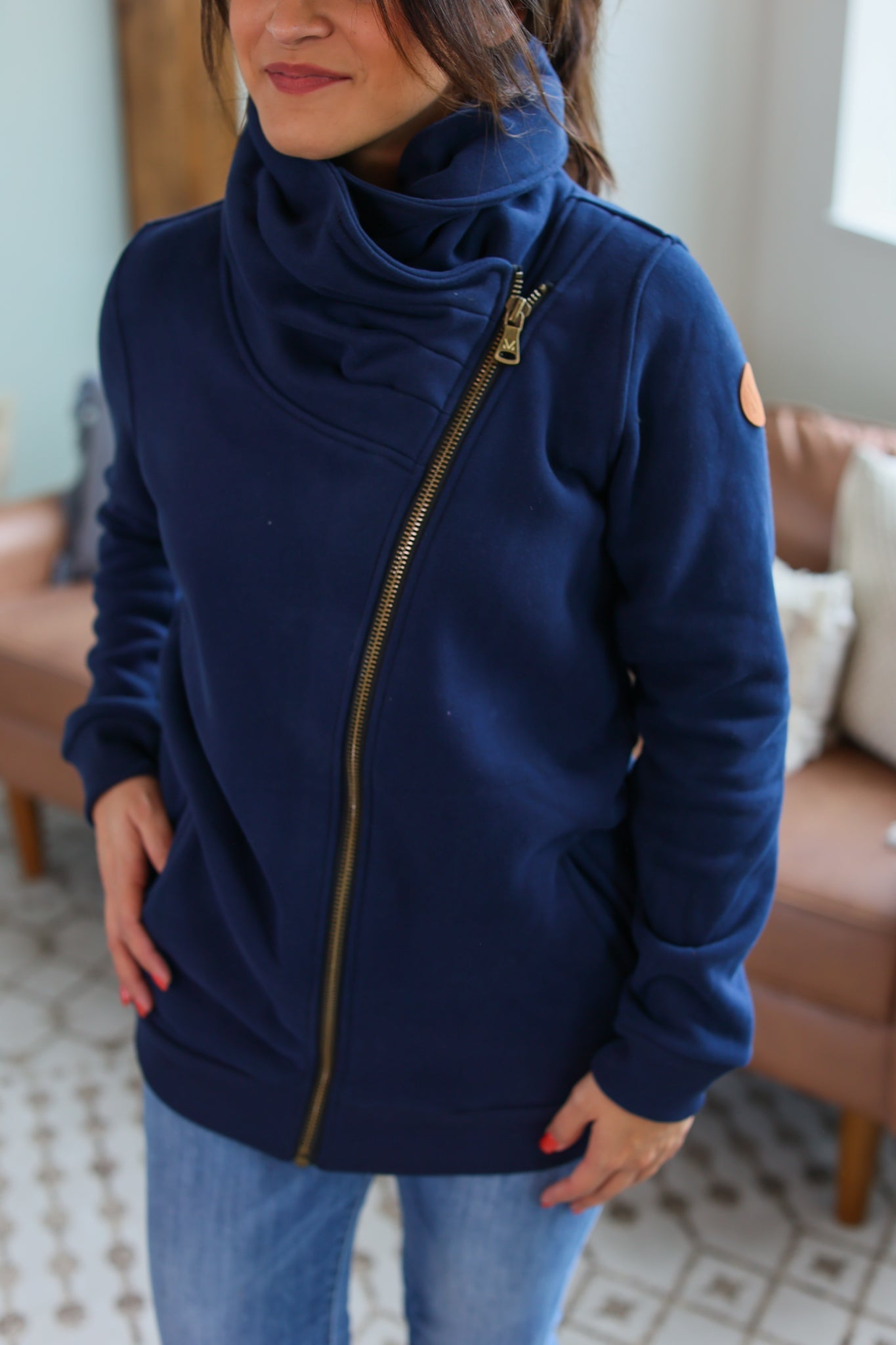 IN STOCK Quinn ZipUp Cowl - Navy - AnnRose Boutique