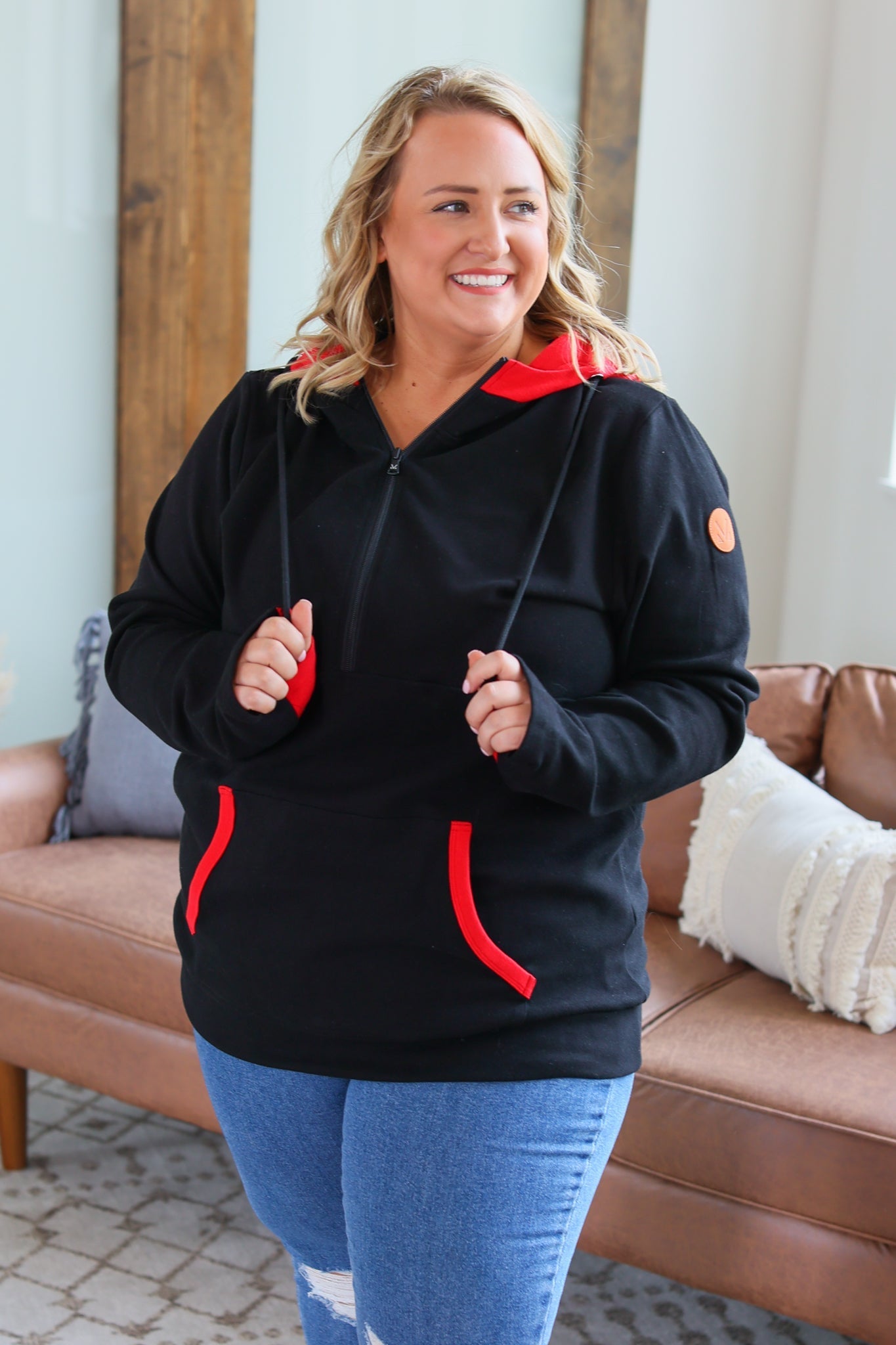 IN STOCK Avery Accent HalfZip Hoodie - Black and Red - AnnRose Boutique