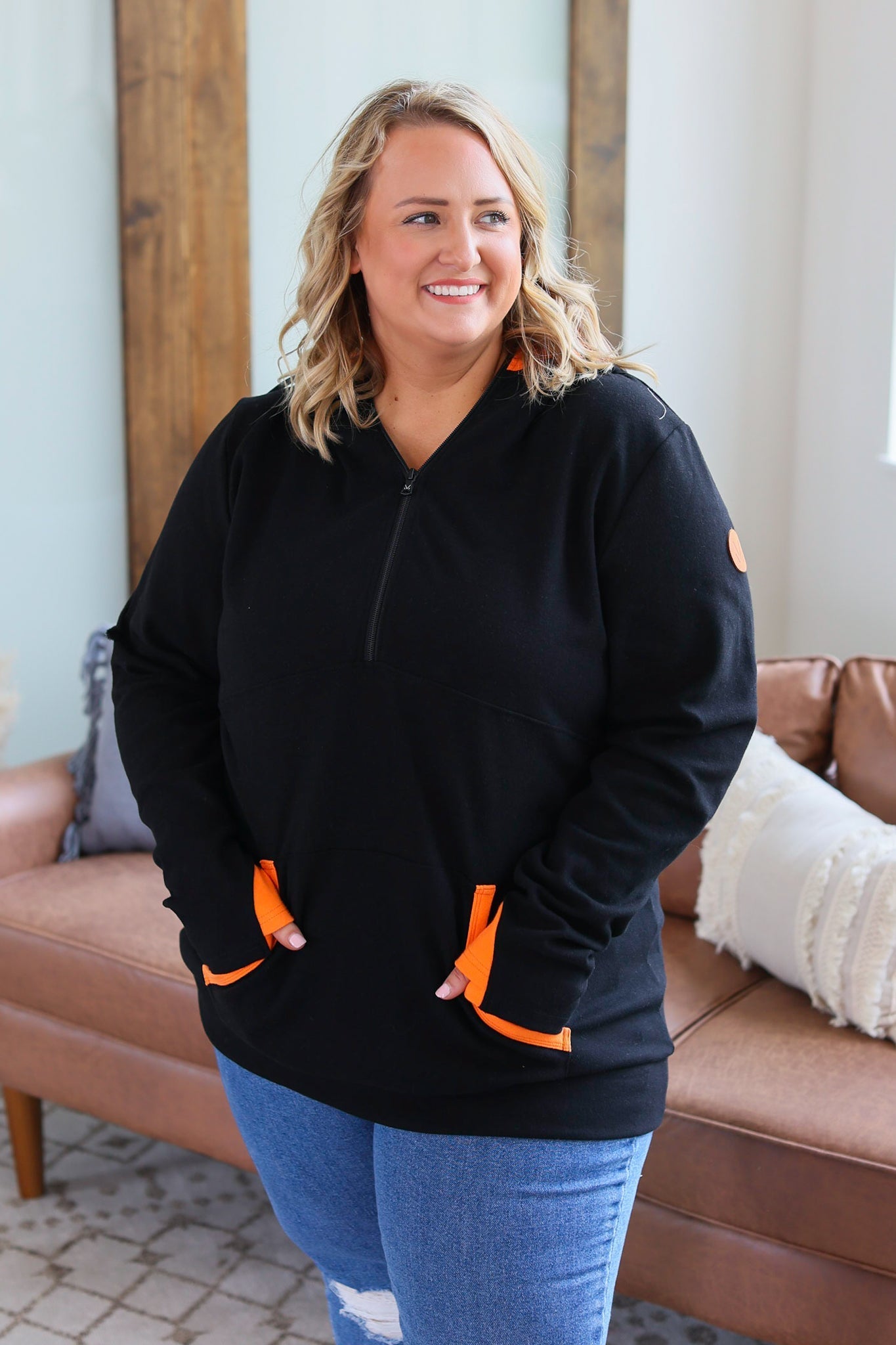 IN STOCK Avery Accent HalfZip Hoodie - Black and Orange - AnnRose Boutique