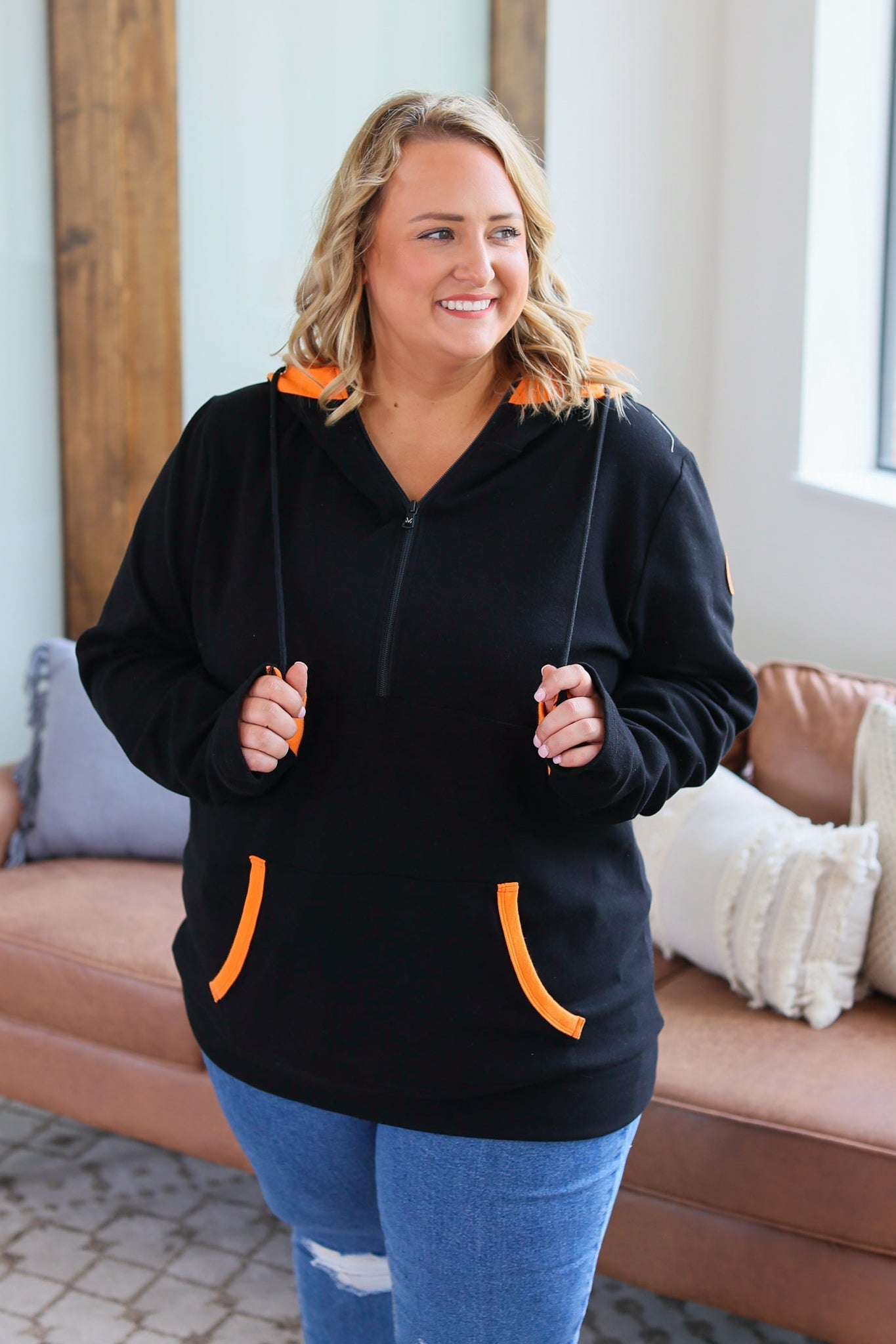 IN STOCK Avery Accent HalfZip Hoodie - Black and Orange - AnnRose Boutique