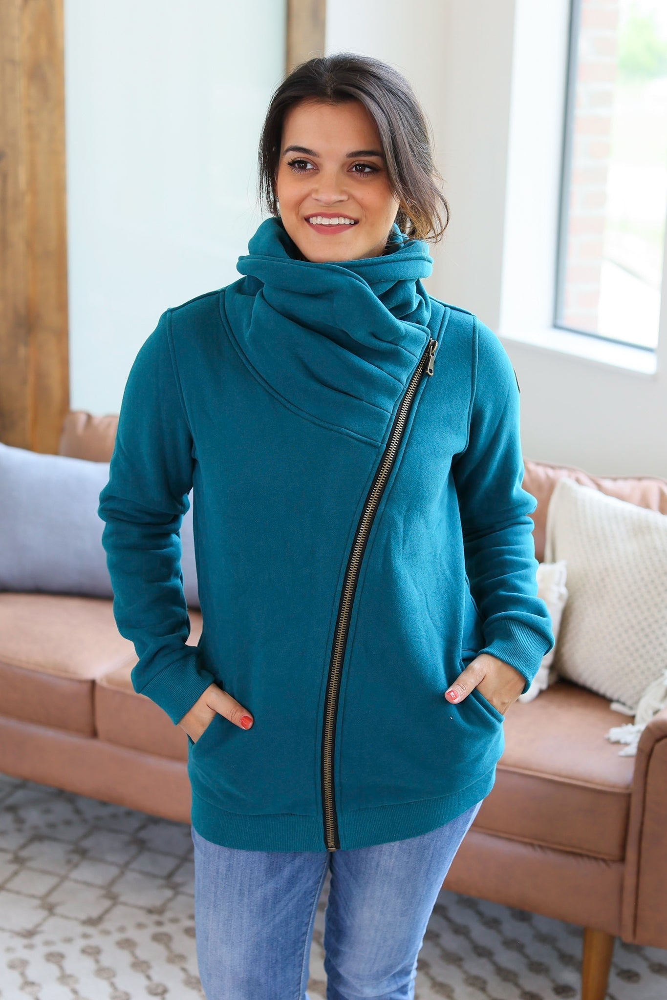 IN STOCK Quinn ZipUp Cowl - Teal - AnnRose Boutique