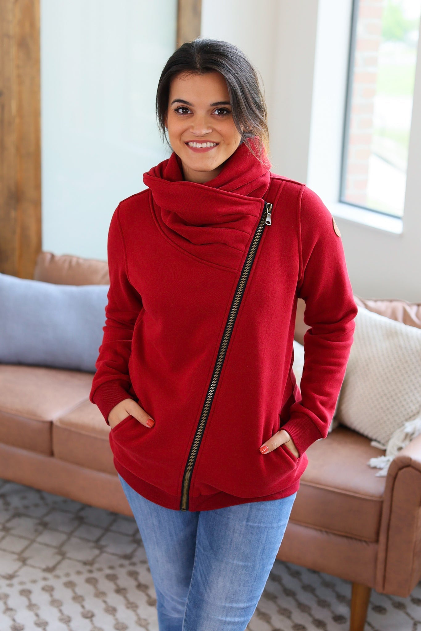 IN STOCK Quinn ZipUp Cowl - Burgundy - AnnRose Boutique