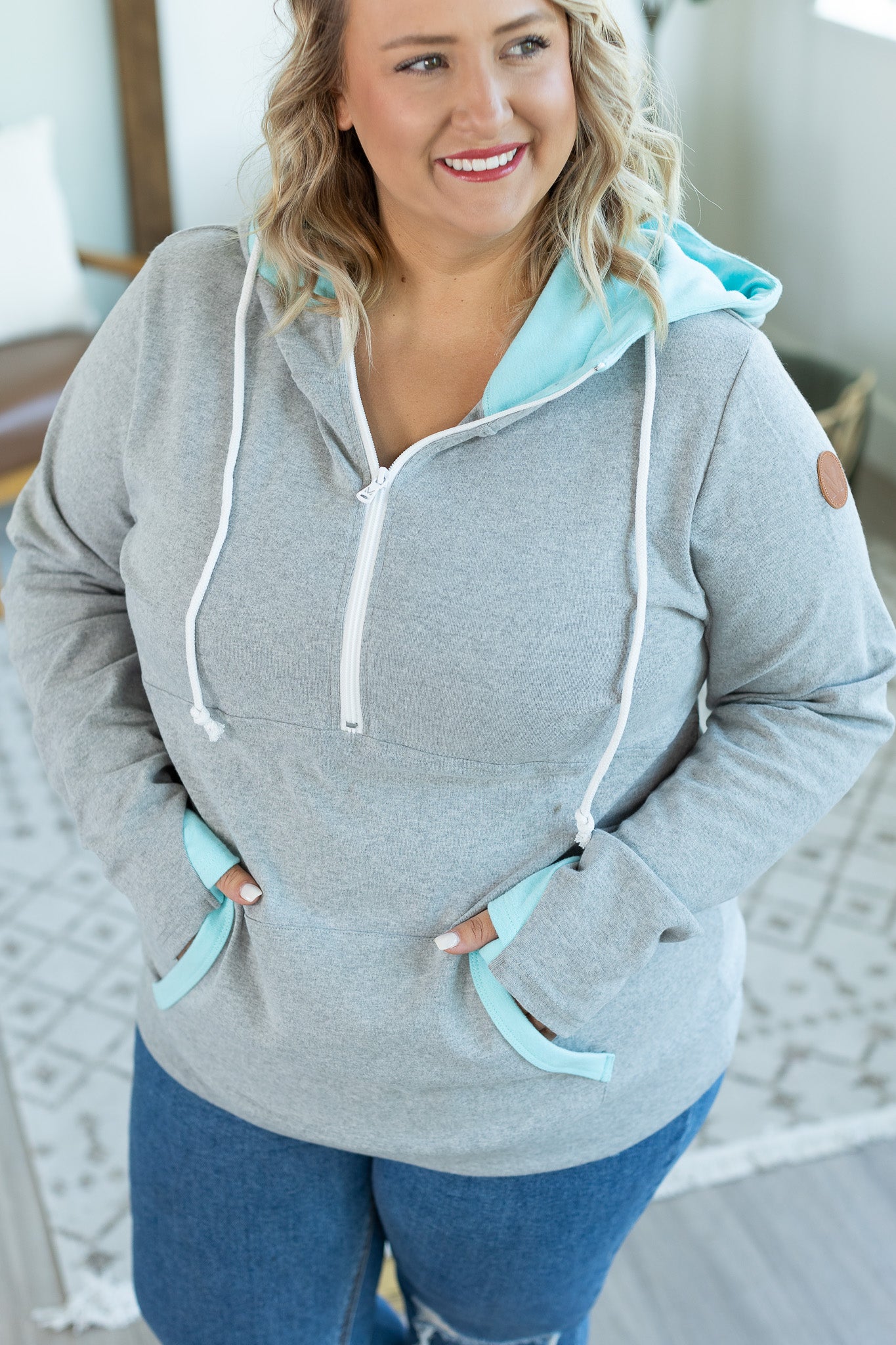IN STOCK Avery Accent HalfZip Hoodie - Grey and Aqua - AnnRose Boutique