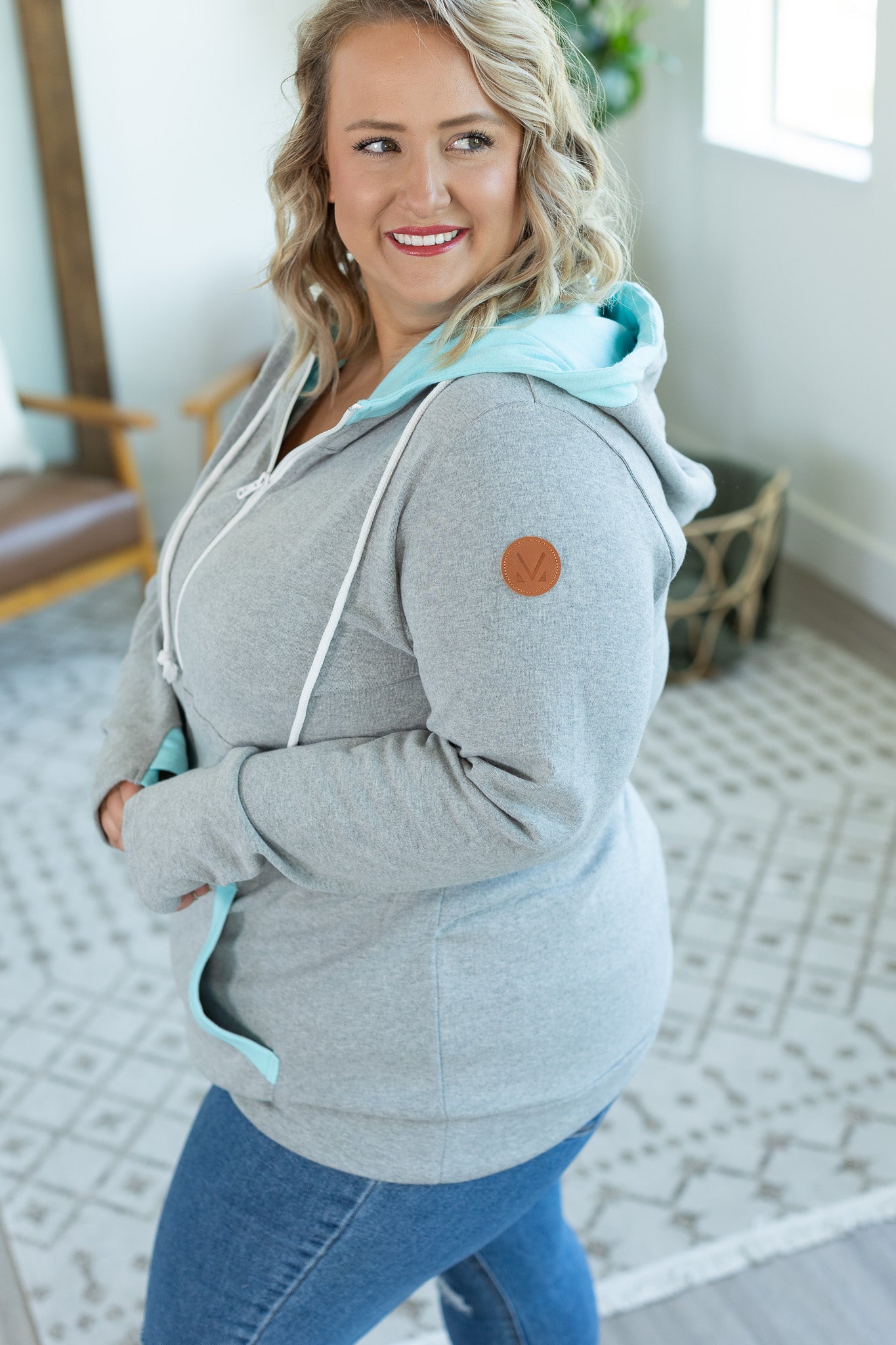 IN STOCK Avery Accent HalfZip Hoodie - Grey and Aqua - AnnRose Boutique