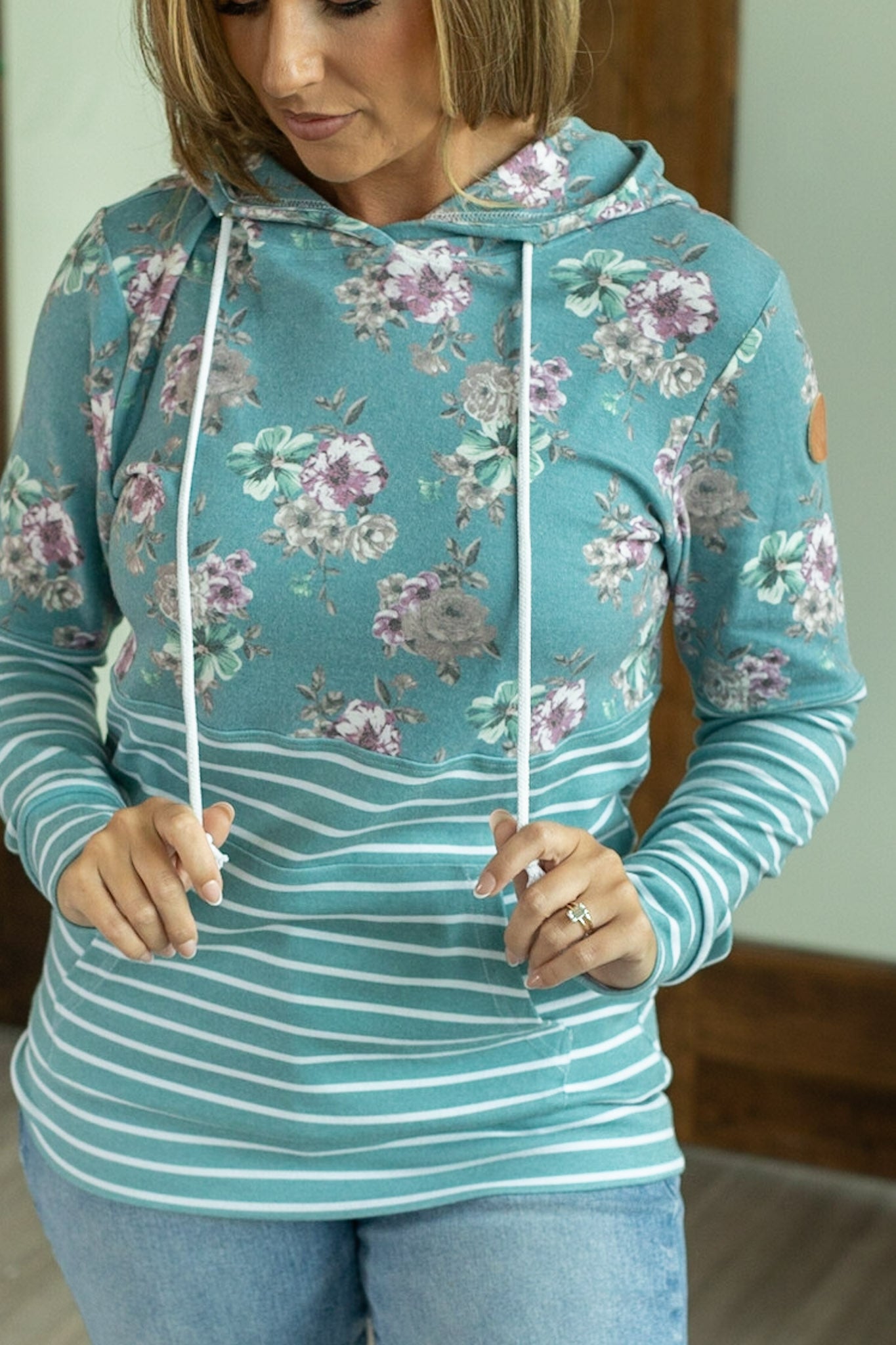 Pullover Hoodie - Teal Floral Pattern Mix