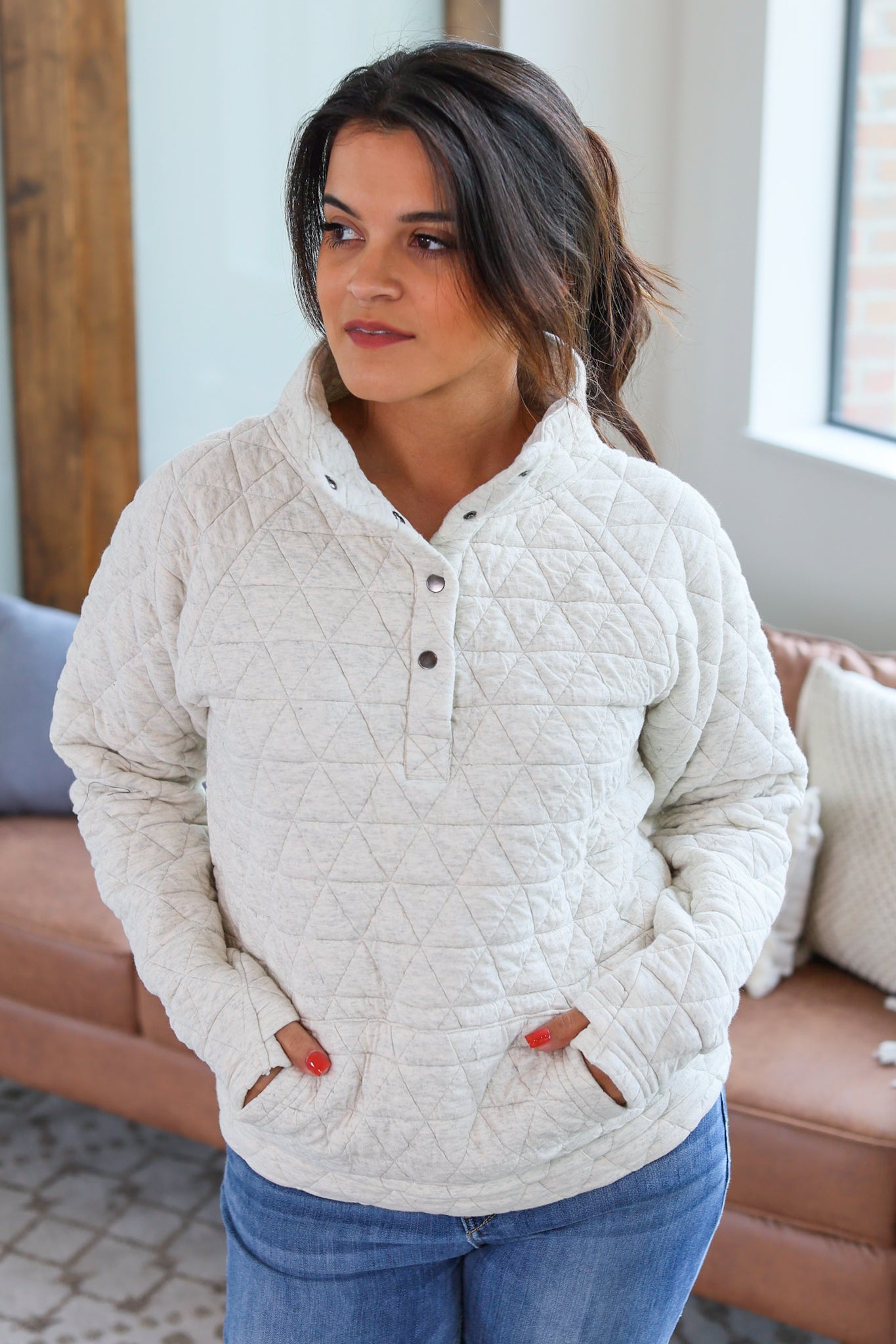 IN STOCK Geometric Button Snap Pullover - Oatmeal - AnnRose Boutique