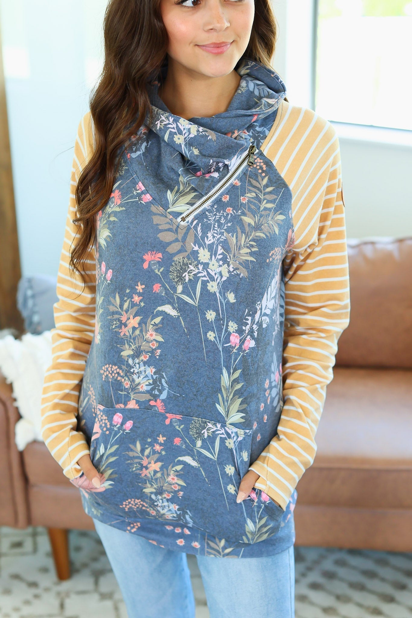 IN STOCK Classic Zoey ZipCowl Sweatshirt - Navy and Mustard Mix - AnnRose Boutique