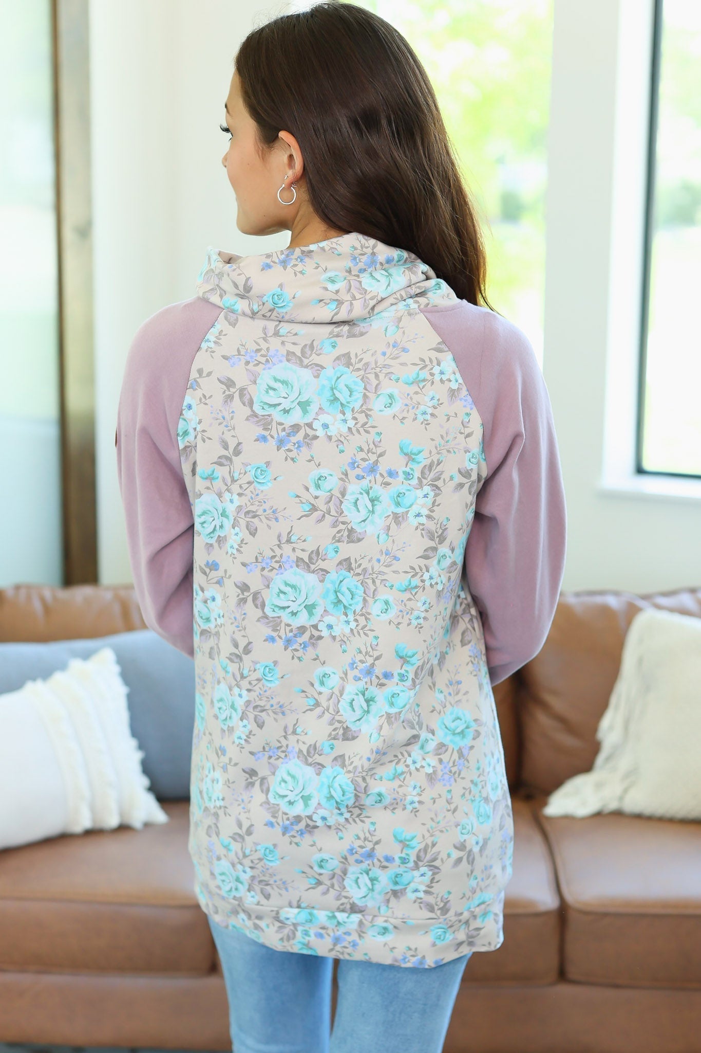 IN STOCK Classic Zoey ZipCowl Sweatshirt - Mint and Mauve Floral - AnnRose Boutique