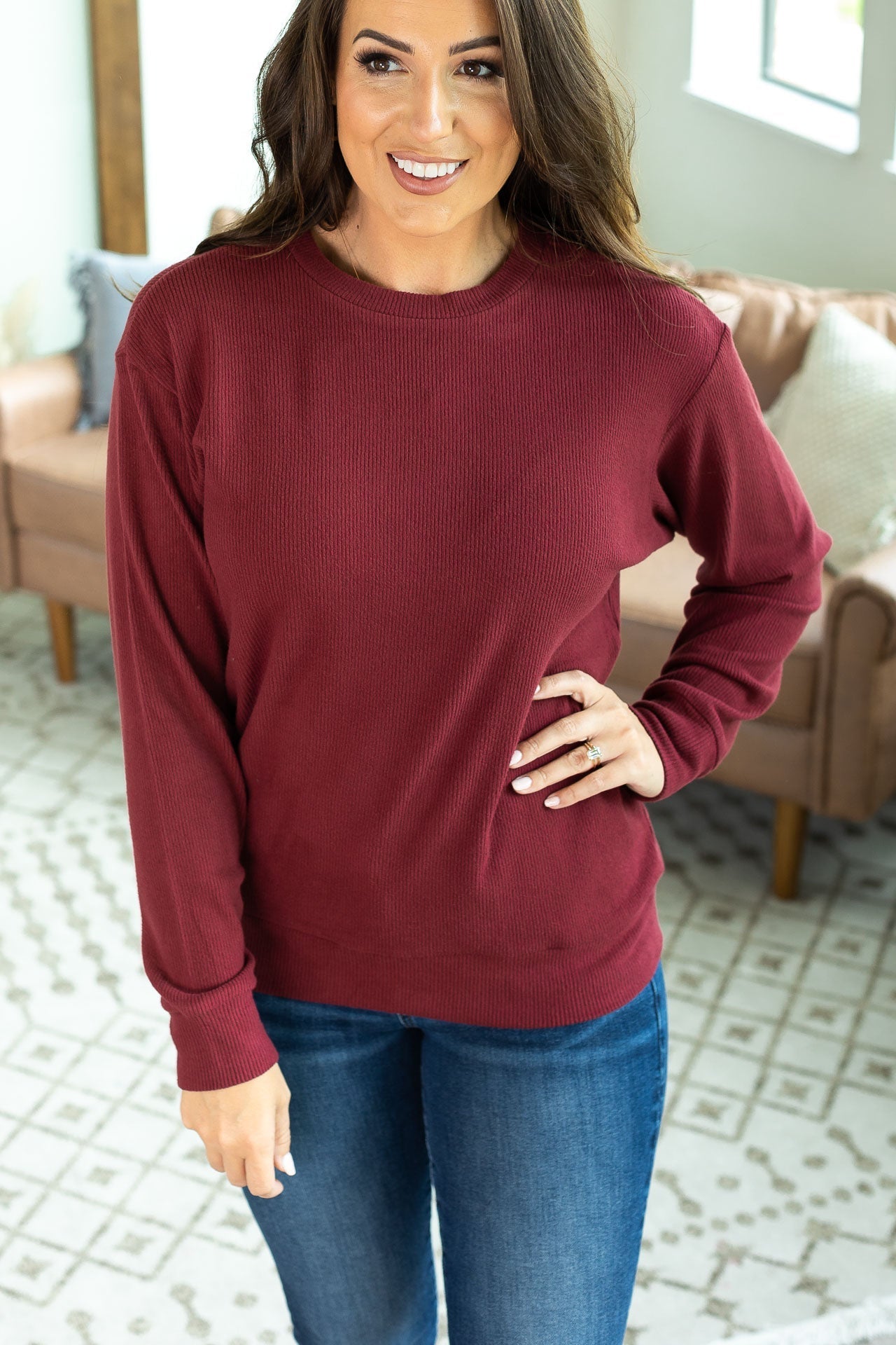 Ribbed Pullover Top - Burgundy