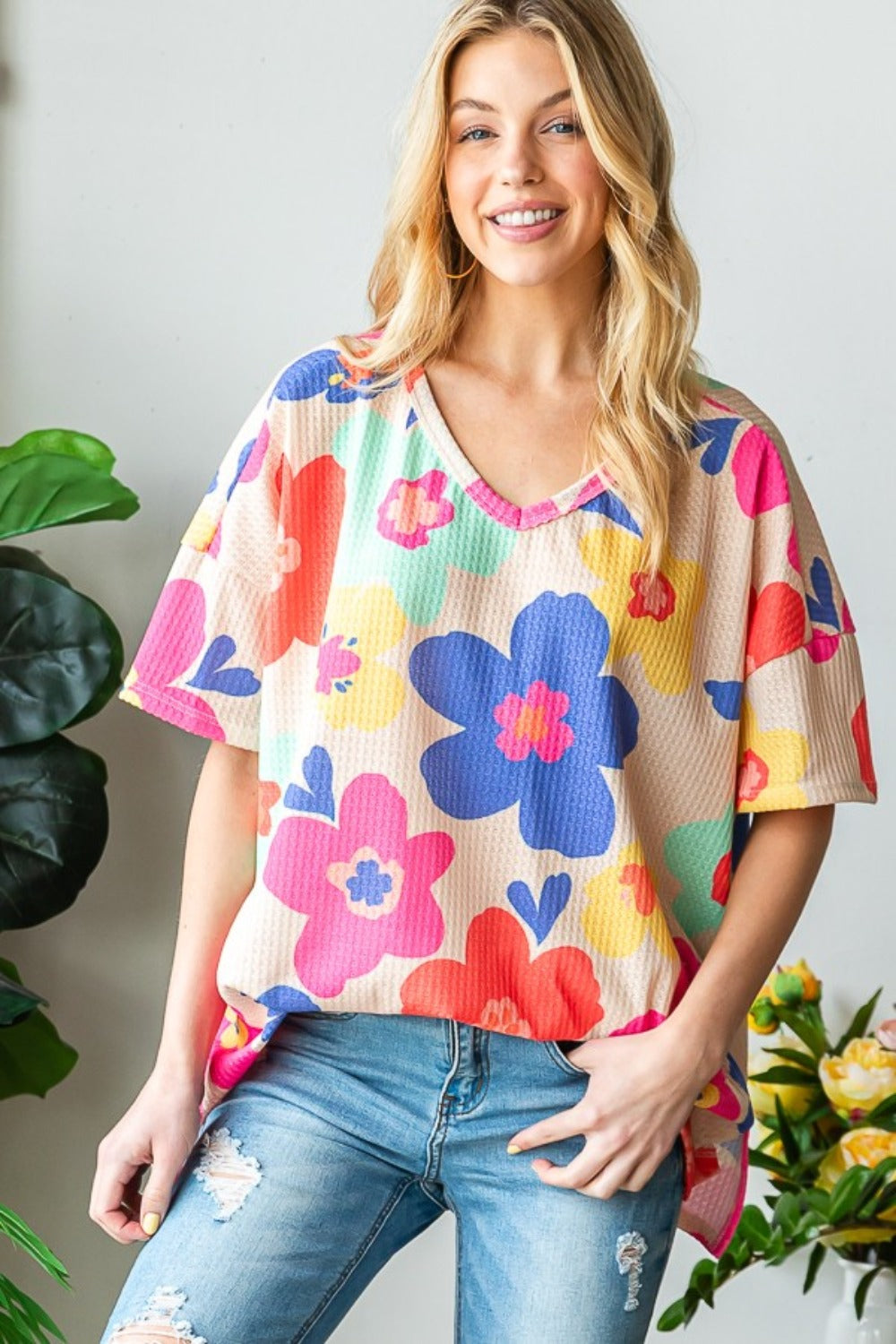 Floral V-Neck Side Slit T-Shirt