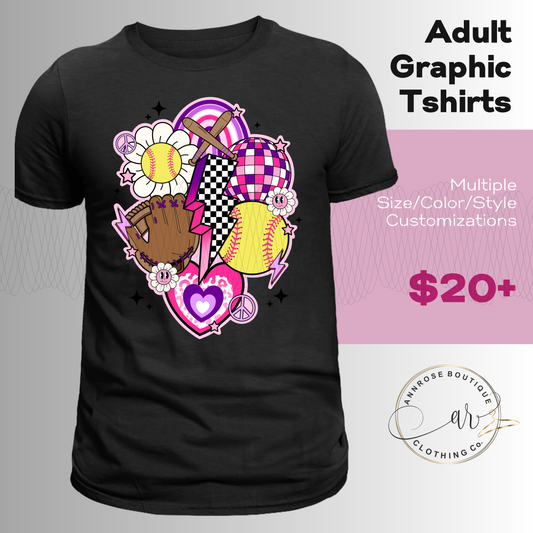 Pink Purple Softball Retro Graphic T-Shirt