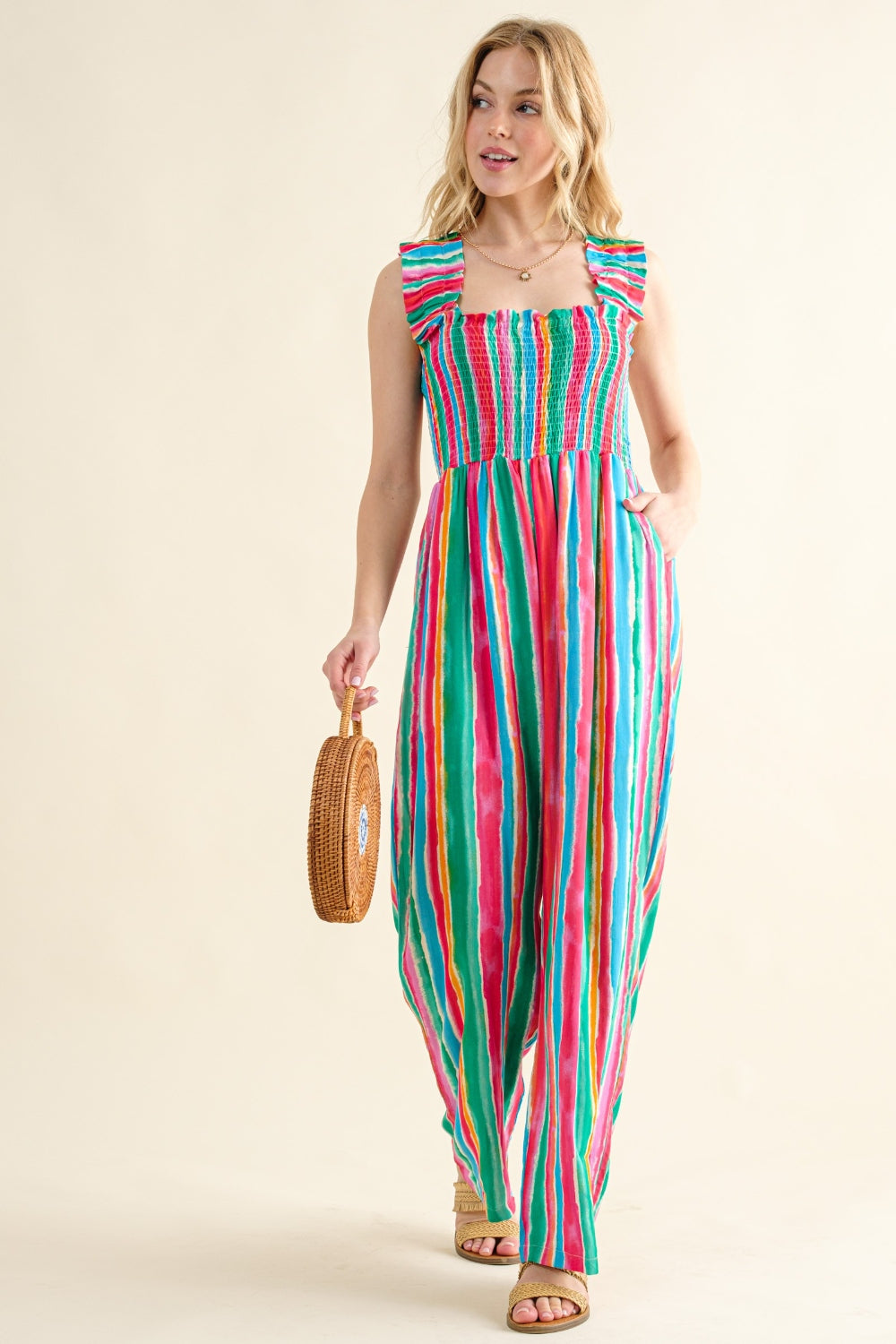 Striped Smocked Sleeveless Jumpsuit