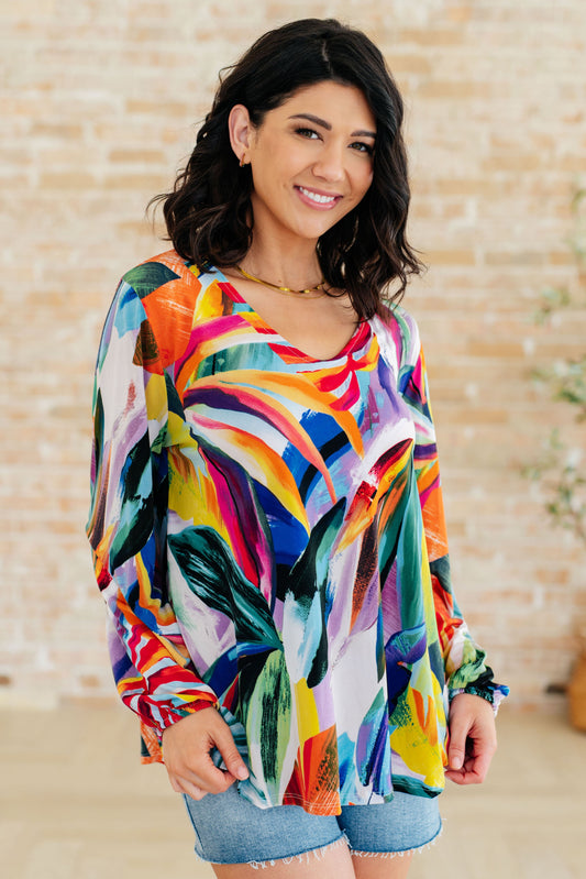 Abstract Long Sleeve Scoop Neck Blouse
