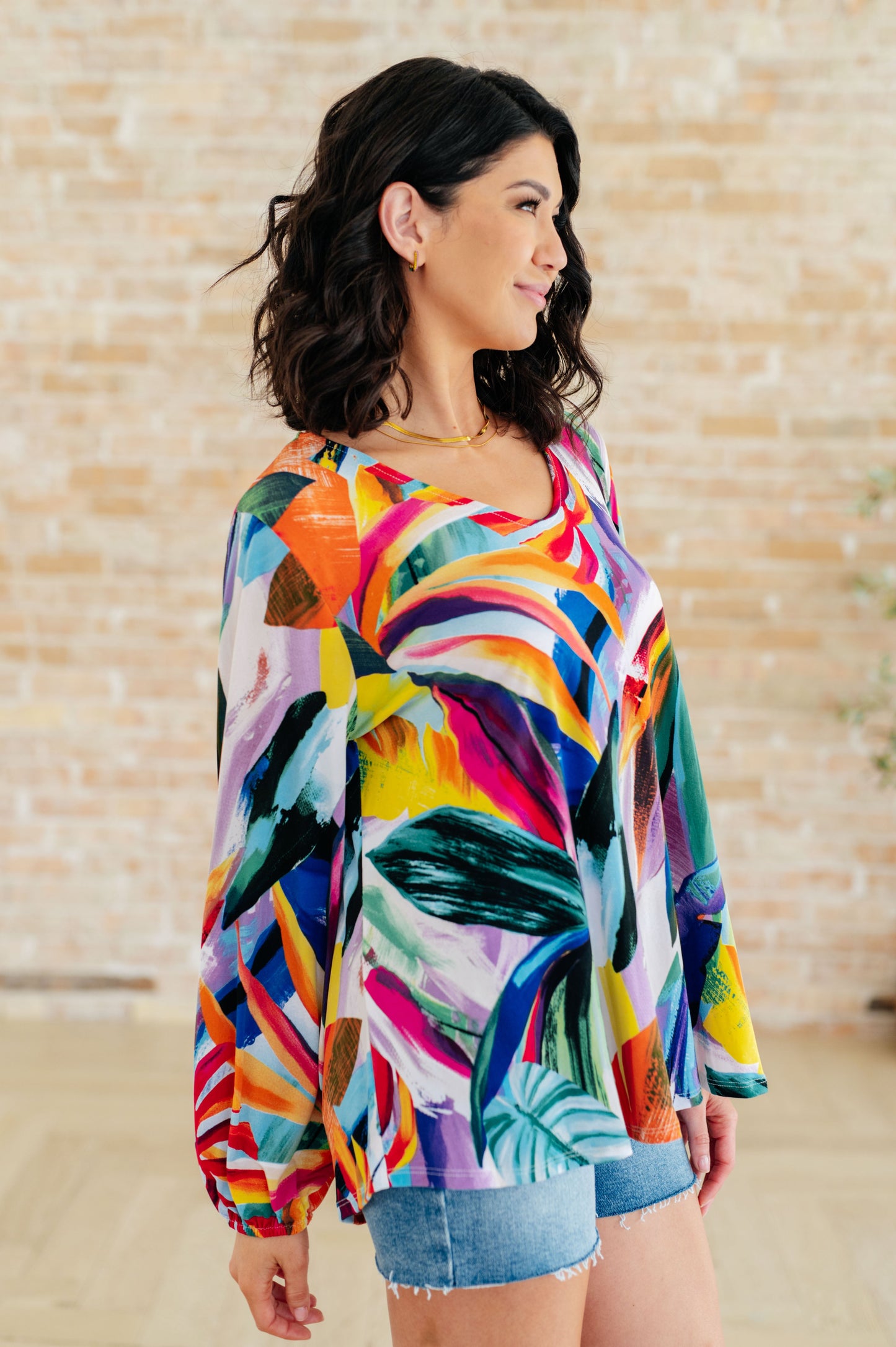 Abstract Long Sleeve Scoop Neck Blouse