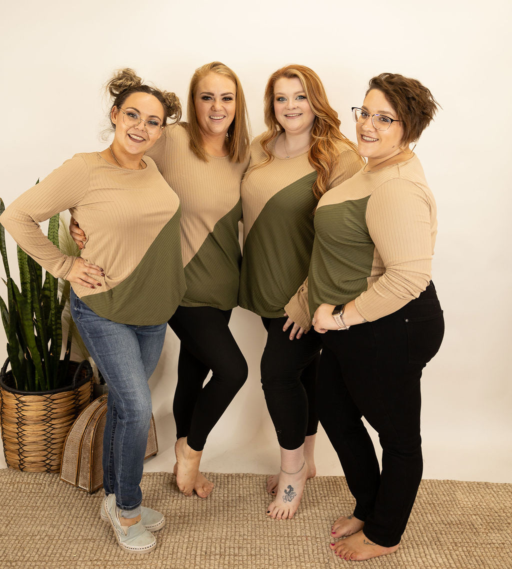 Olive Neutral Combo Long Sleeve Top - AnnRose Boutique