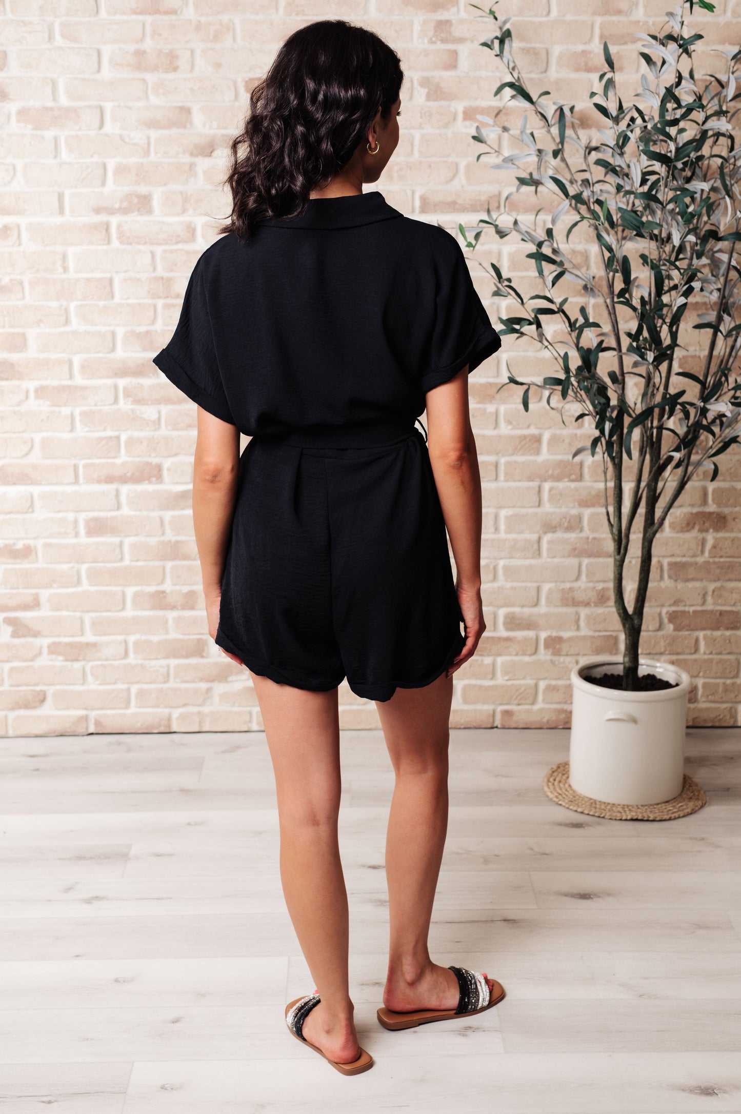 Black Short Sleeve Button V-Neck Romper