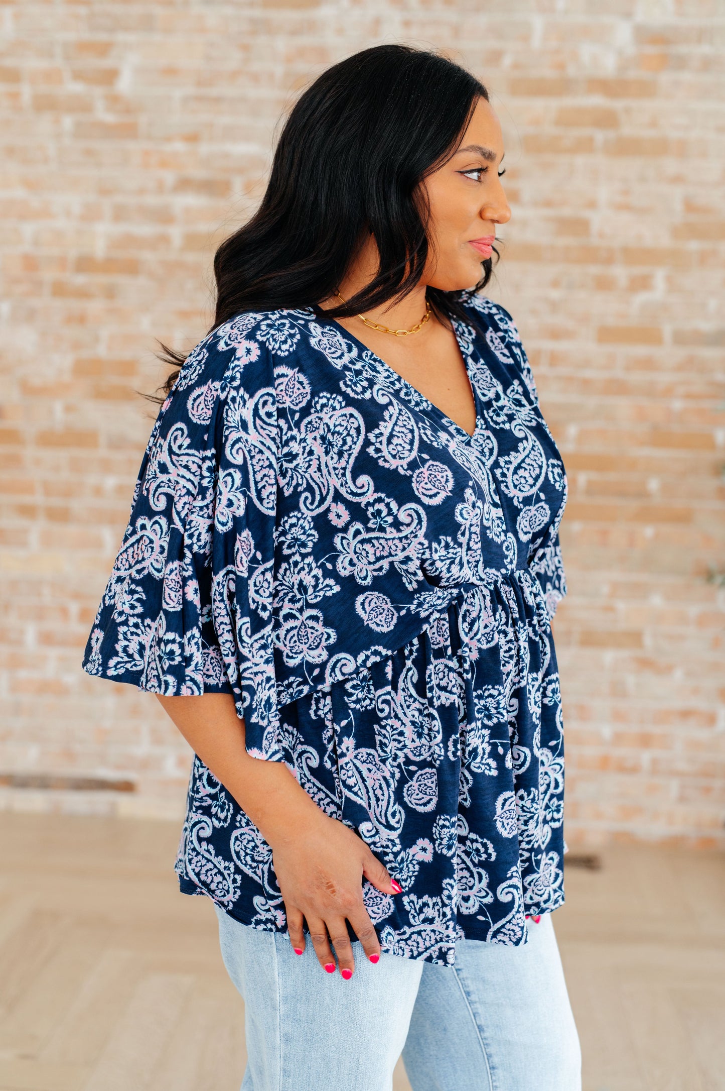 Peplum Top in Navy and Pink Paisley