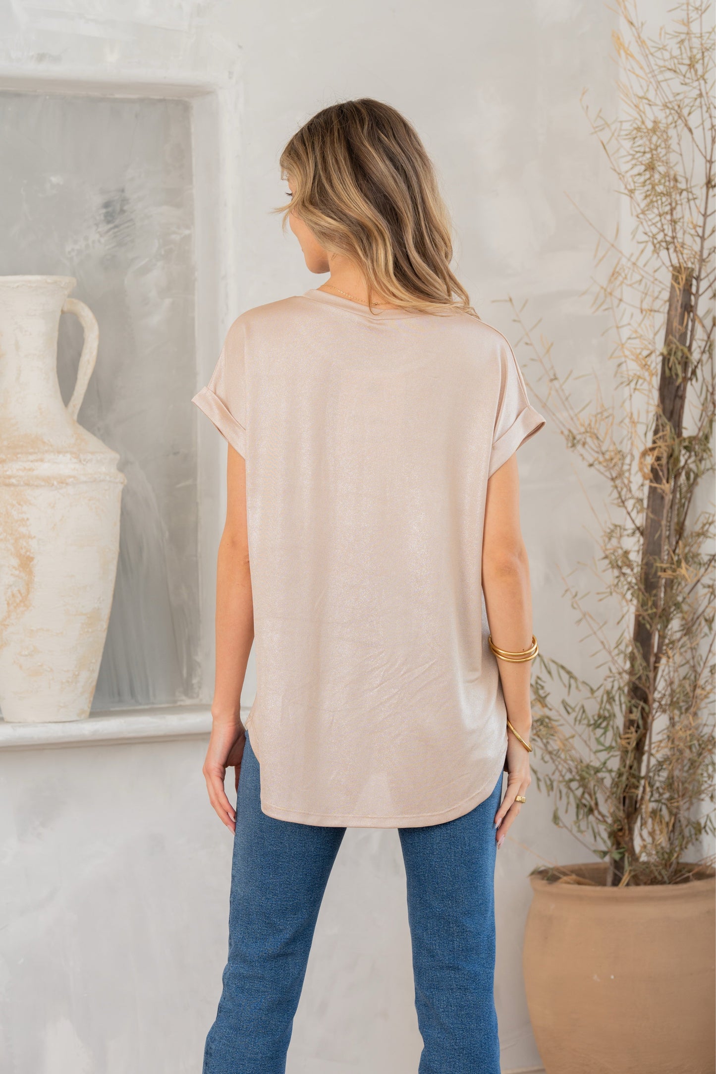 Shimmer Cuffed Top in Taupe