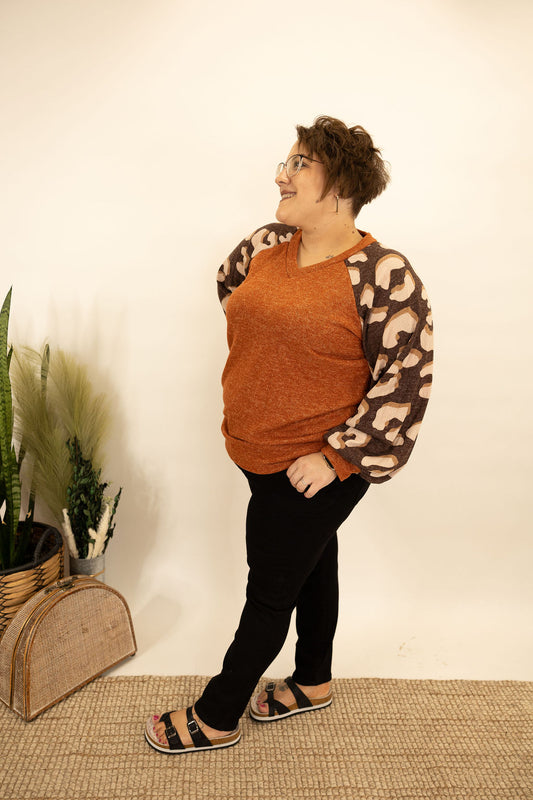 Knit Contrast Top With Cheetah Sleeves - AnnRose Boutique