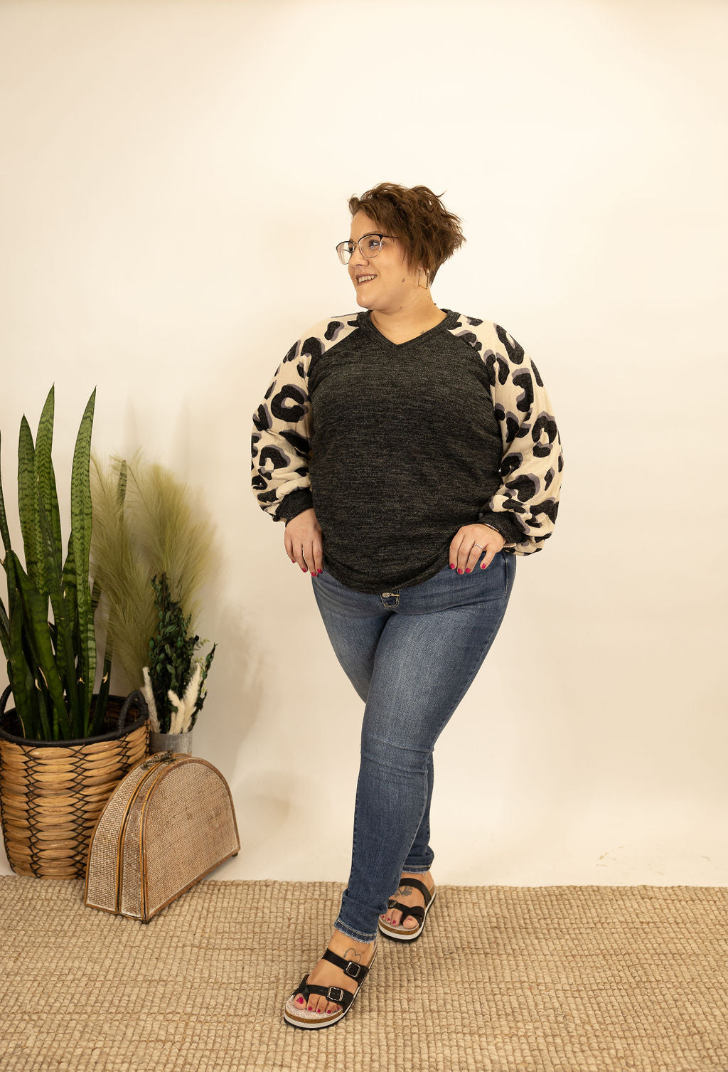 Knit Contrast Top With Cheetah Sleeves - AnnRose Boutique