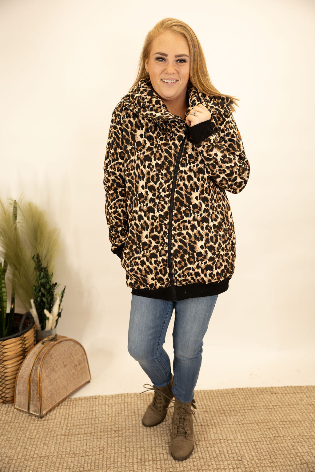 ZipUp Cowl Jacket- Leopard - AnnRose Boutique
